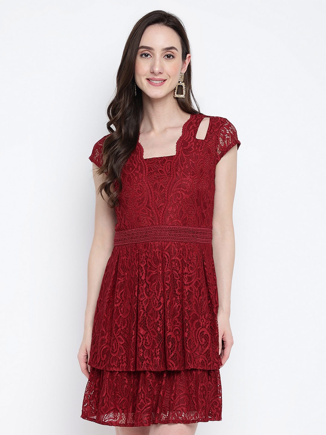 

Latin Quarters Self Design Cut-Out Detail Lace Fit & Flare Dress, Maroon