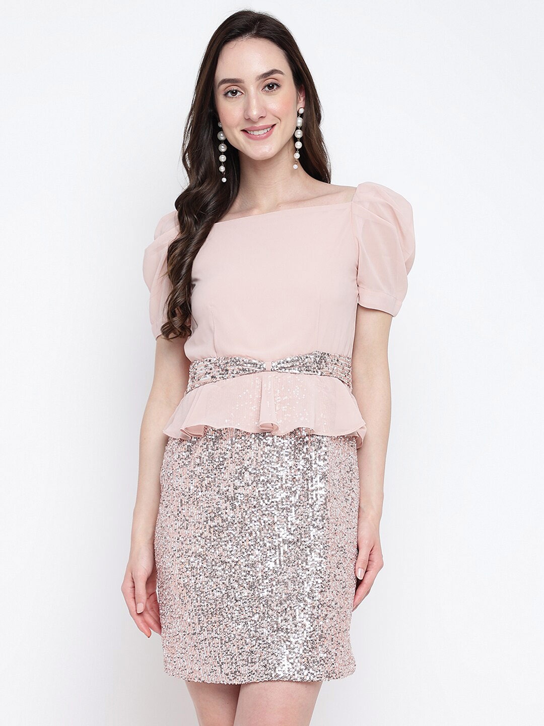 Latin Quarters Puff Sleeves Midi Dress, Beige