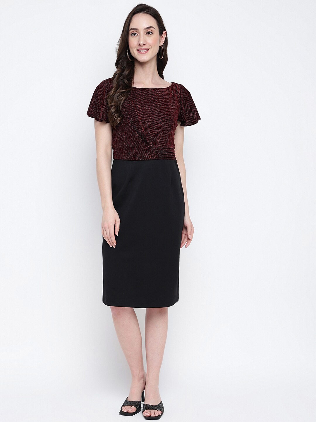 

Latin Quarters Self Design Flutter Sleeves Sheath Dress, Maroon