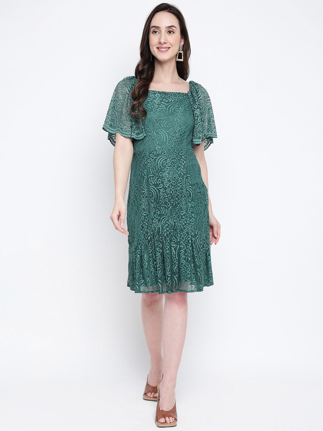 Latin Quarters Self Design Flutter Sleeves Lace A-Line Dress, Green