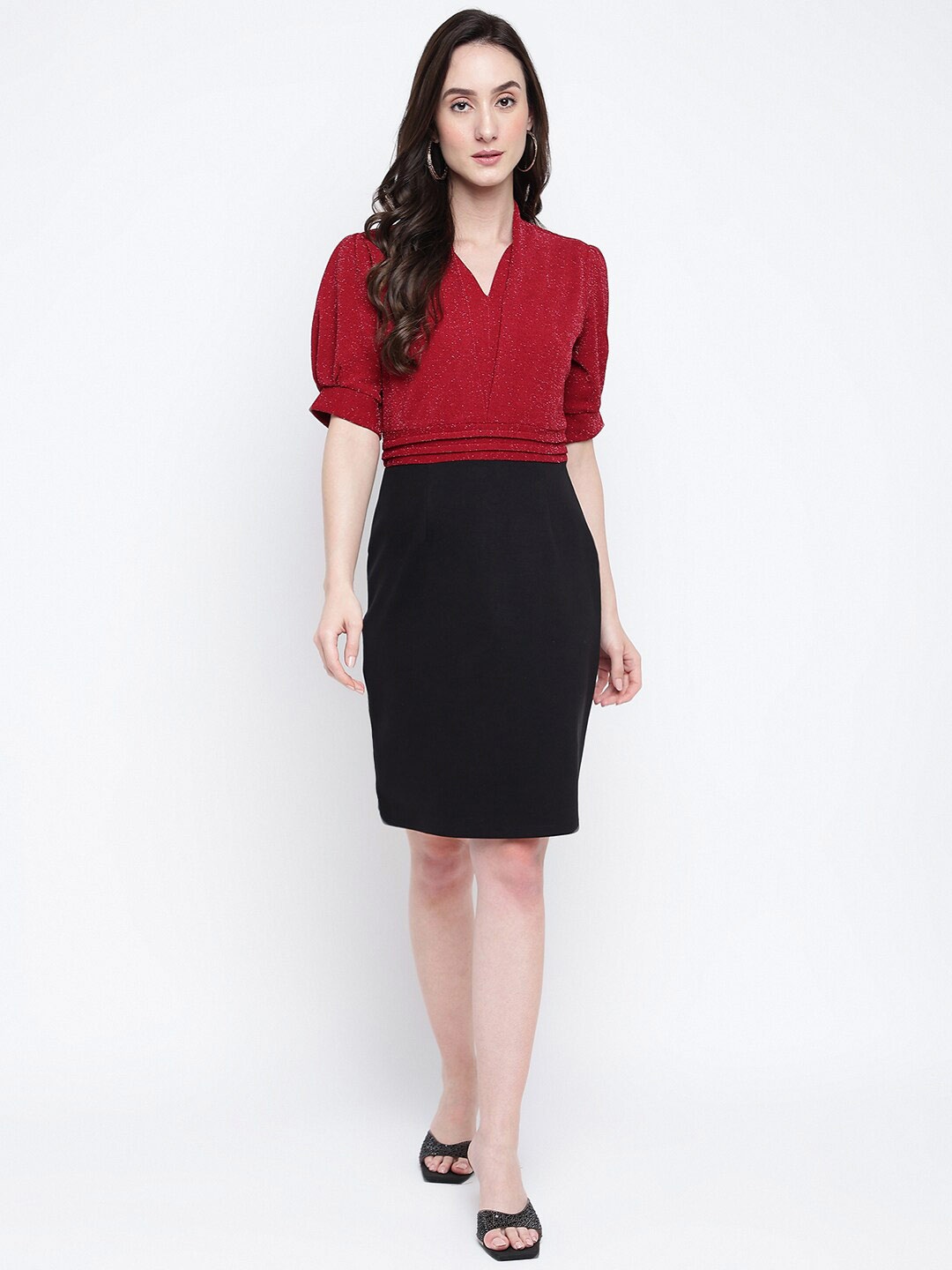 

Latin Quarters Self Design V-Neck Colourblocked Sheath Dress, Maroon