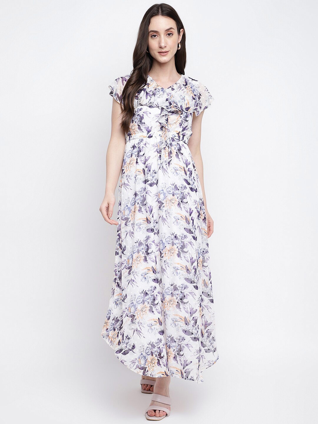 

Latin Quarters Flared Sleeves Floral Printed Maxi Dress, White