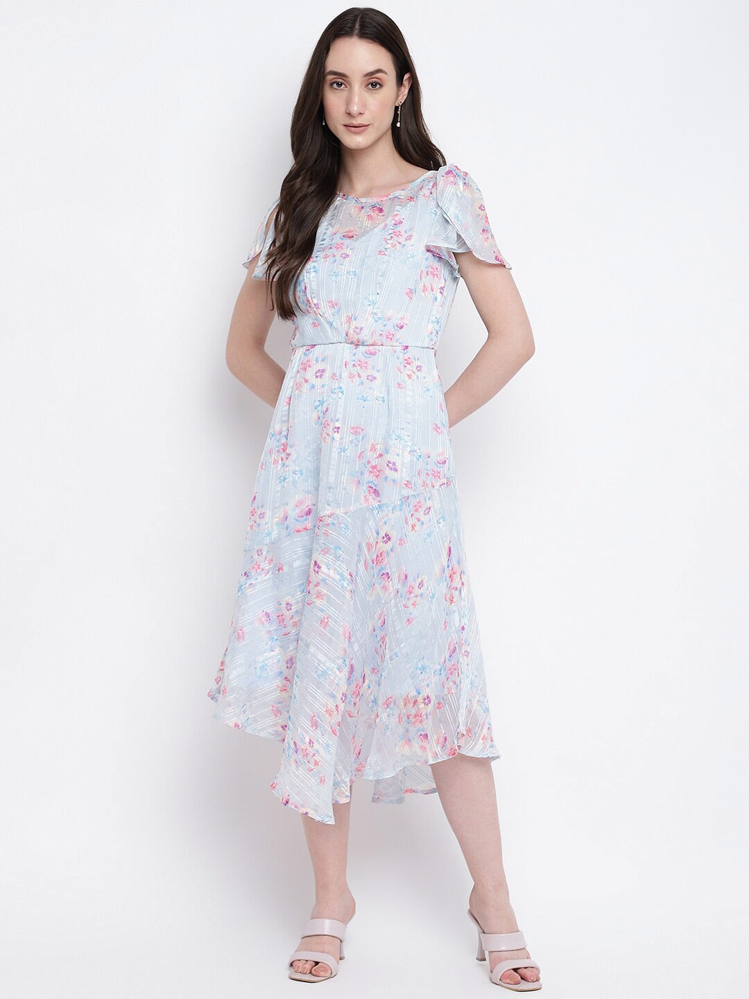 

Latin Quarters Flared Sleeves Floral Printed Dress, Blue