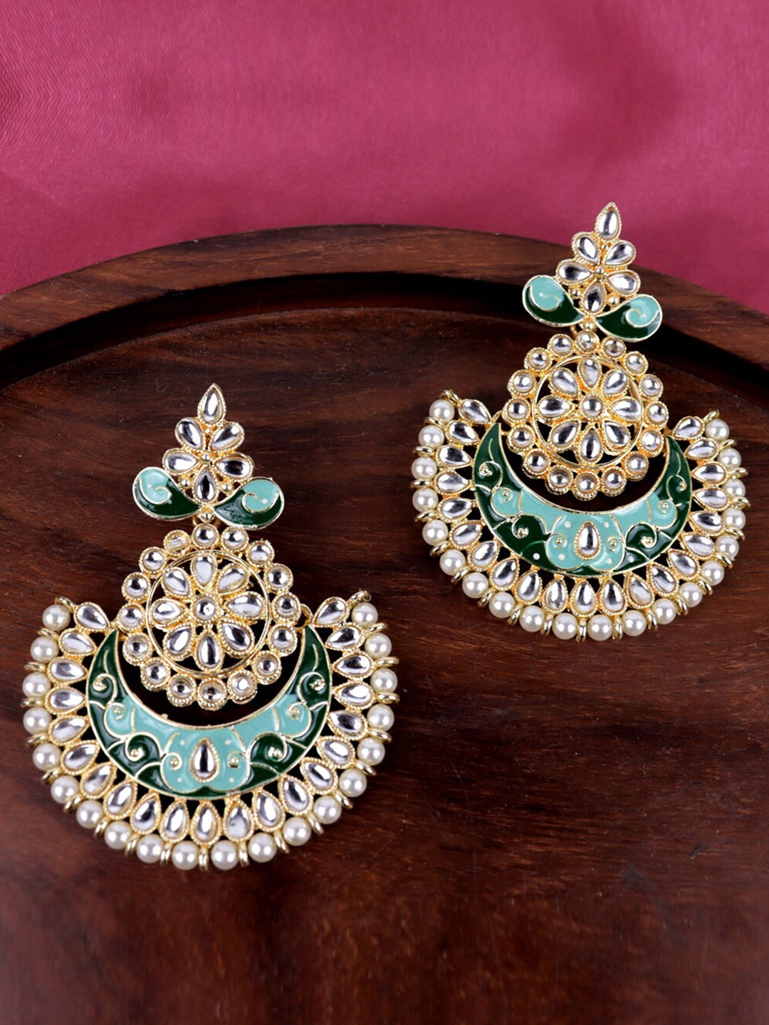 

Krelin Gold-Plated Classic Enamelled Chandbali Earrings, Green