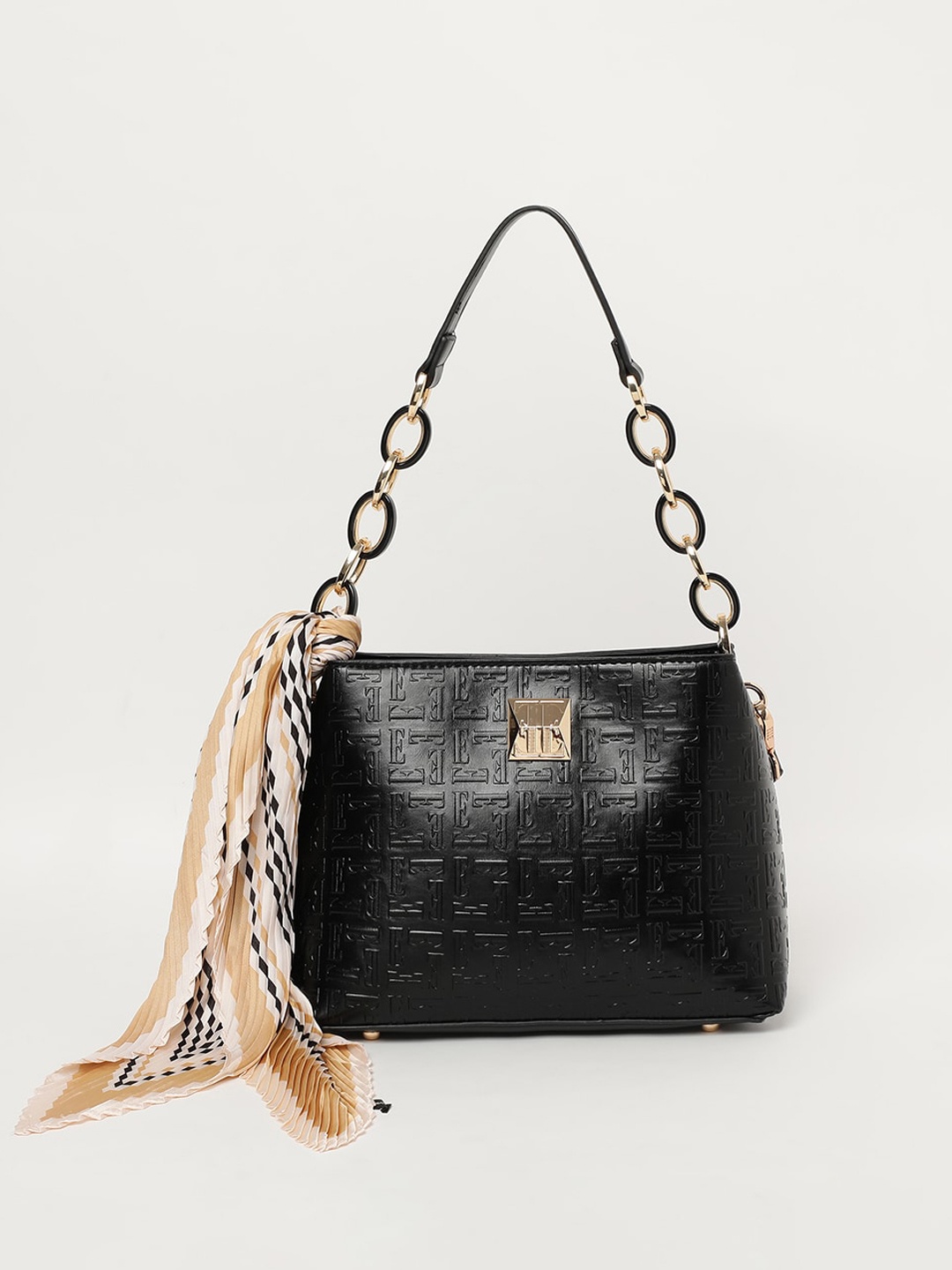 

ELLE Textured Structured Handheld Bag & Scarf, Black