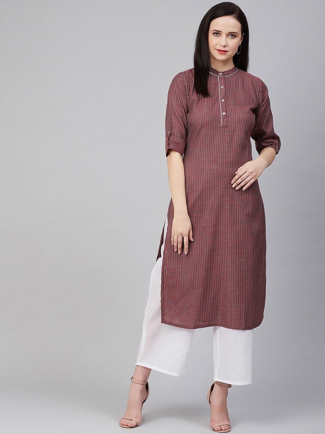 

Bhama Couture Striped Band Collar Roll Up Sleeves Straight Kurta With Palazzos, Maroon
