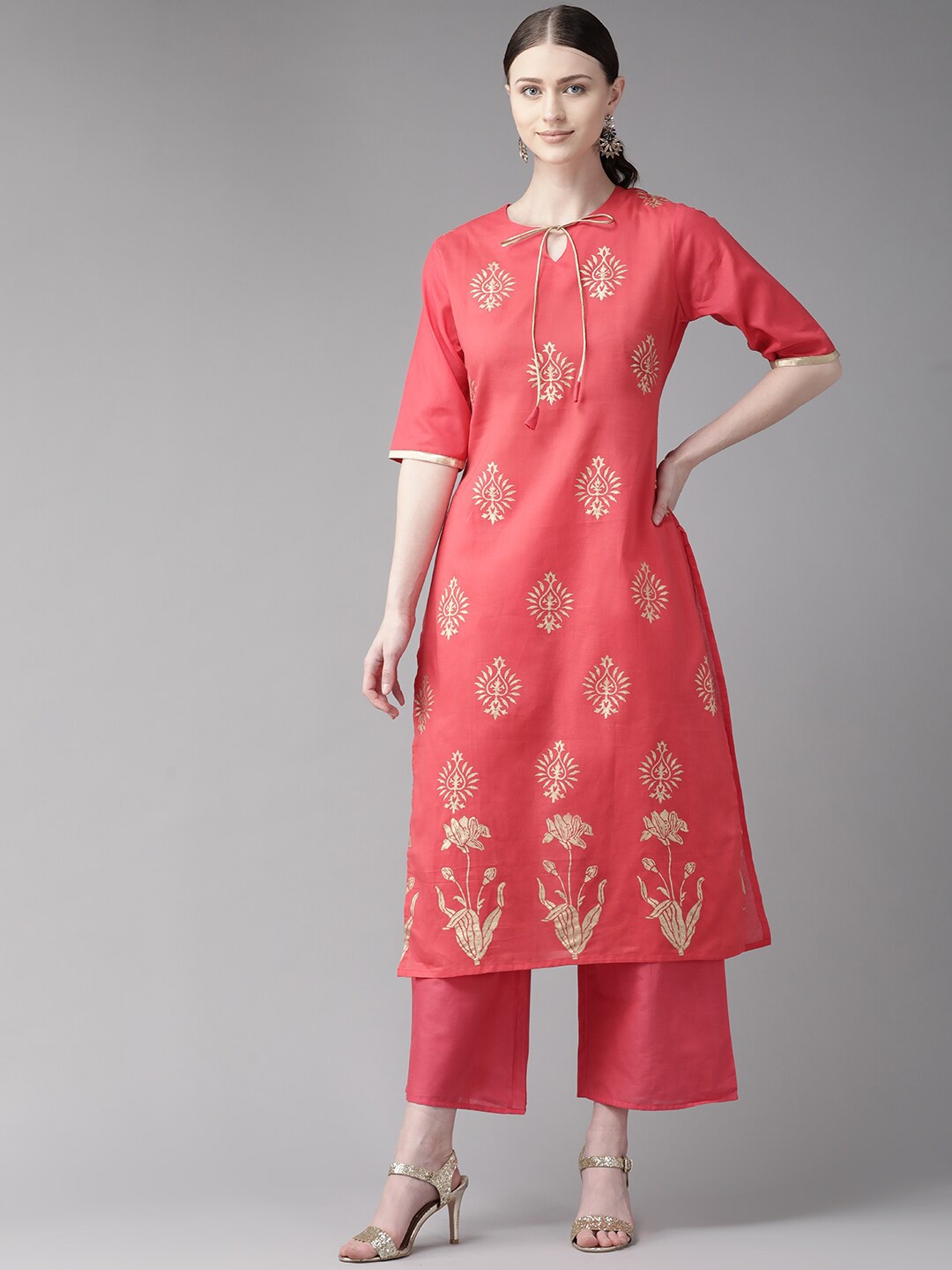 

Bhama Couture Ethnic Motif Printed Tie Up Neck Straight Kurta With Palazzos, Coral
