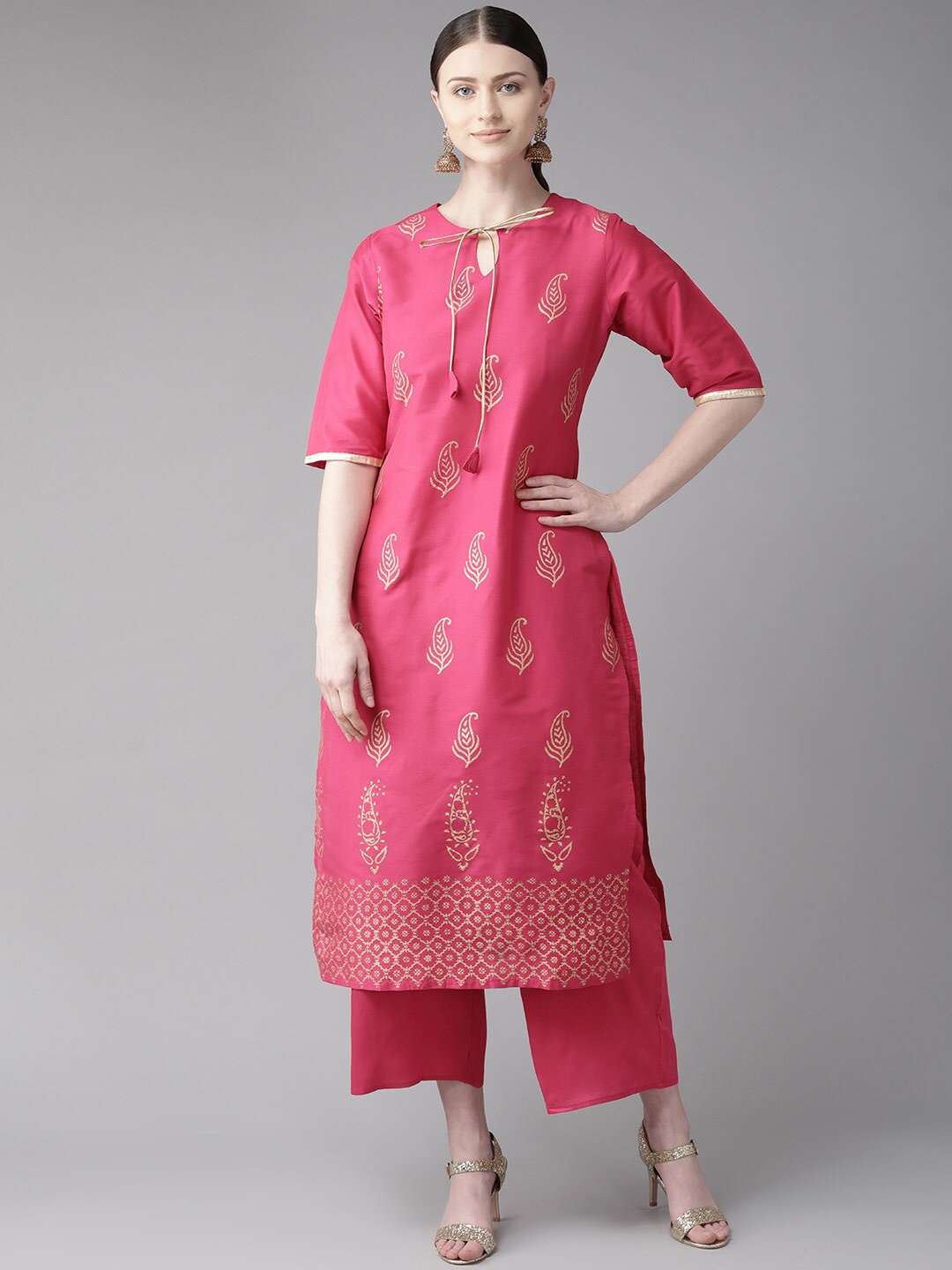 

Bhama Couture Paisley Printed Tie Up Neck Kurta with Palazzos, Pink