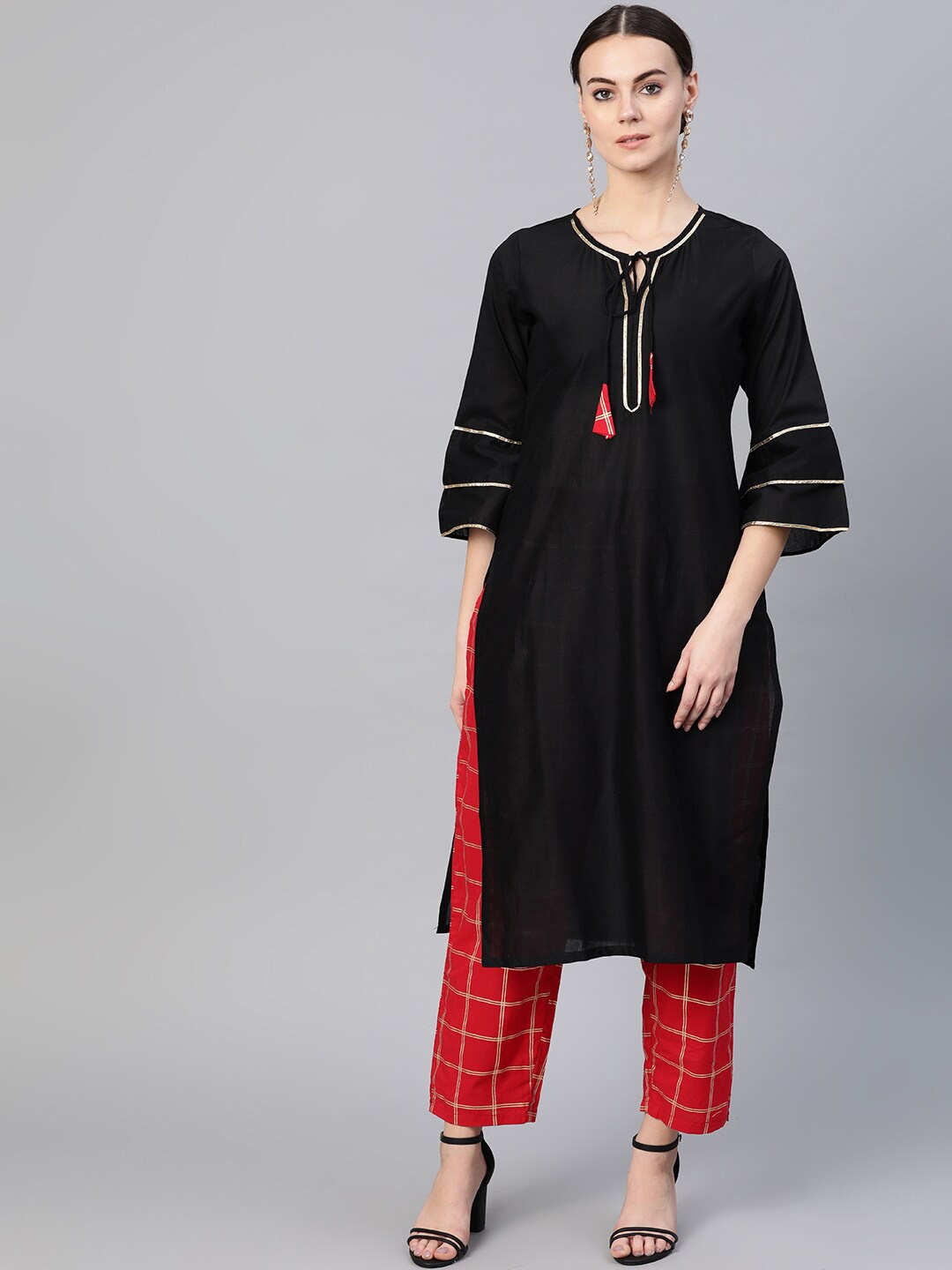 

Bhama Couture Tie Up Neck Bell Sleeves Gotta Patti Kurta with Trousers, Black