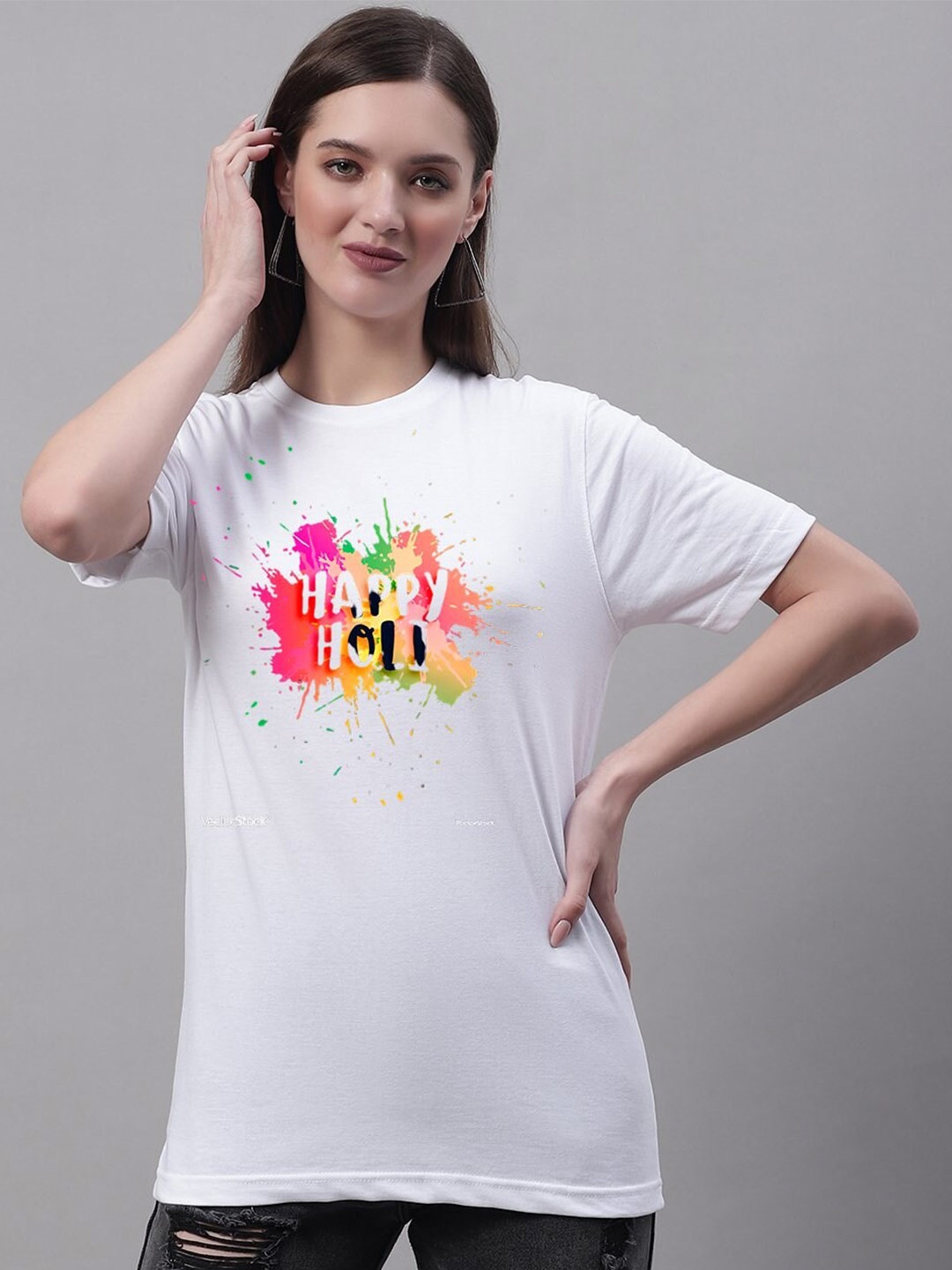 

Miaz Lifestyle Printed Round Neck Pure Cotton Holi T-shirt, White