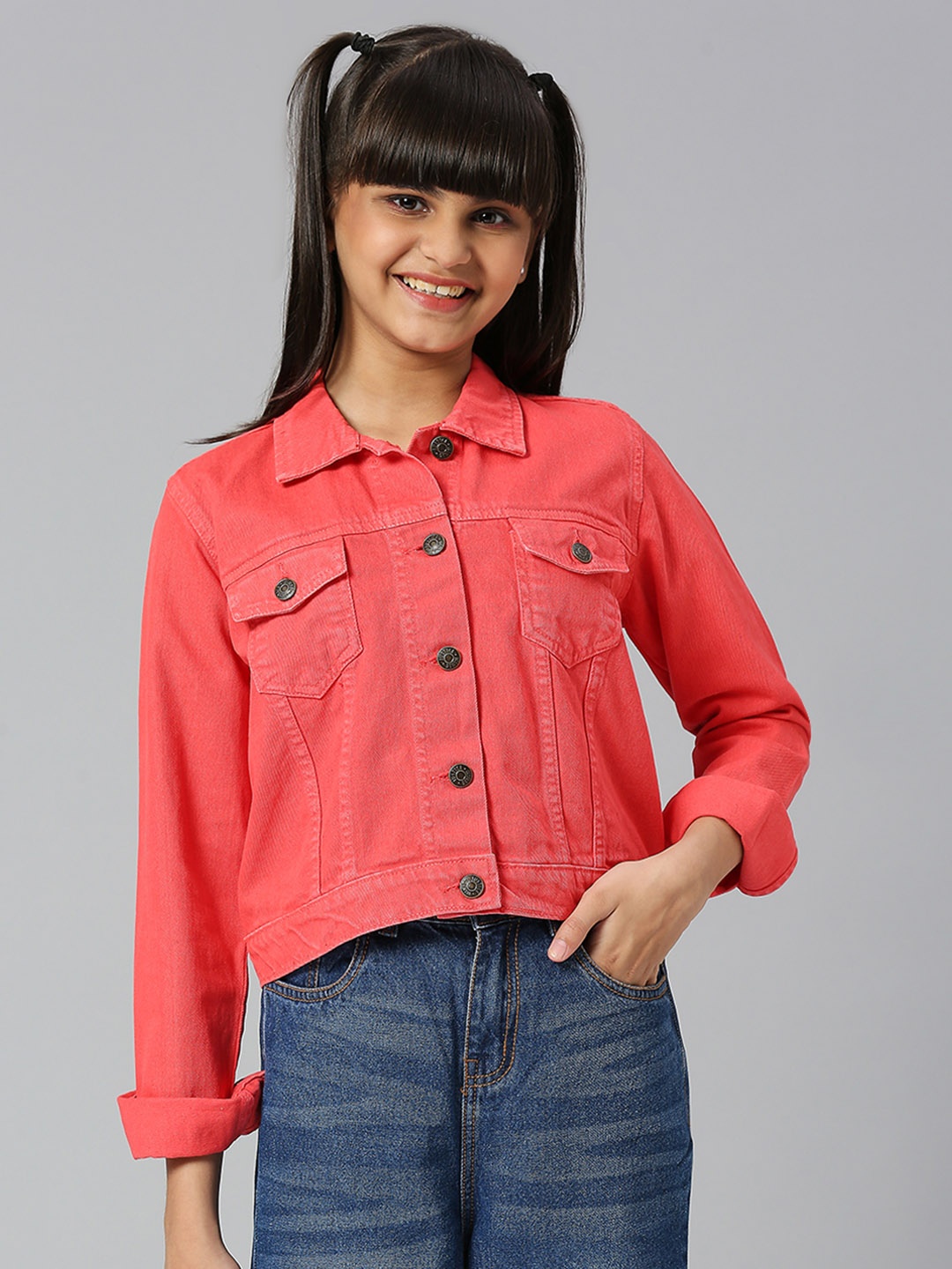 JUSTICE Girls Crop Denim Jacket, Red