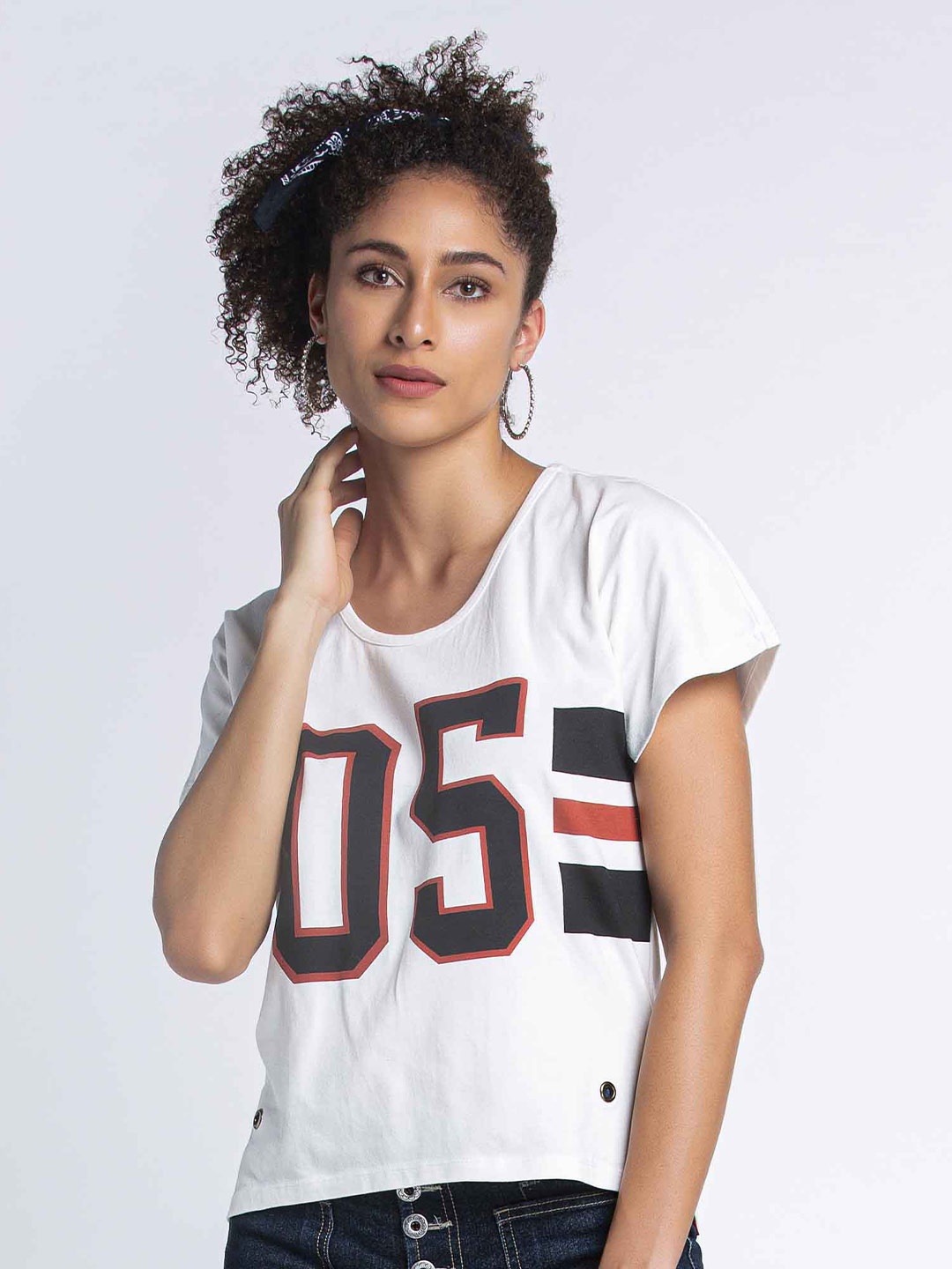 

MKOAL Typography Printed Pure Cotton Boxy Top, White