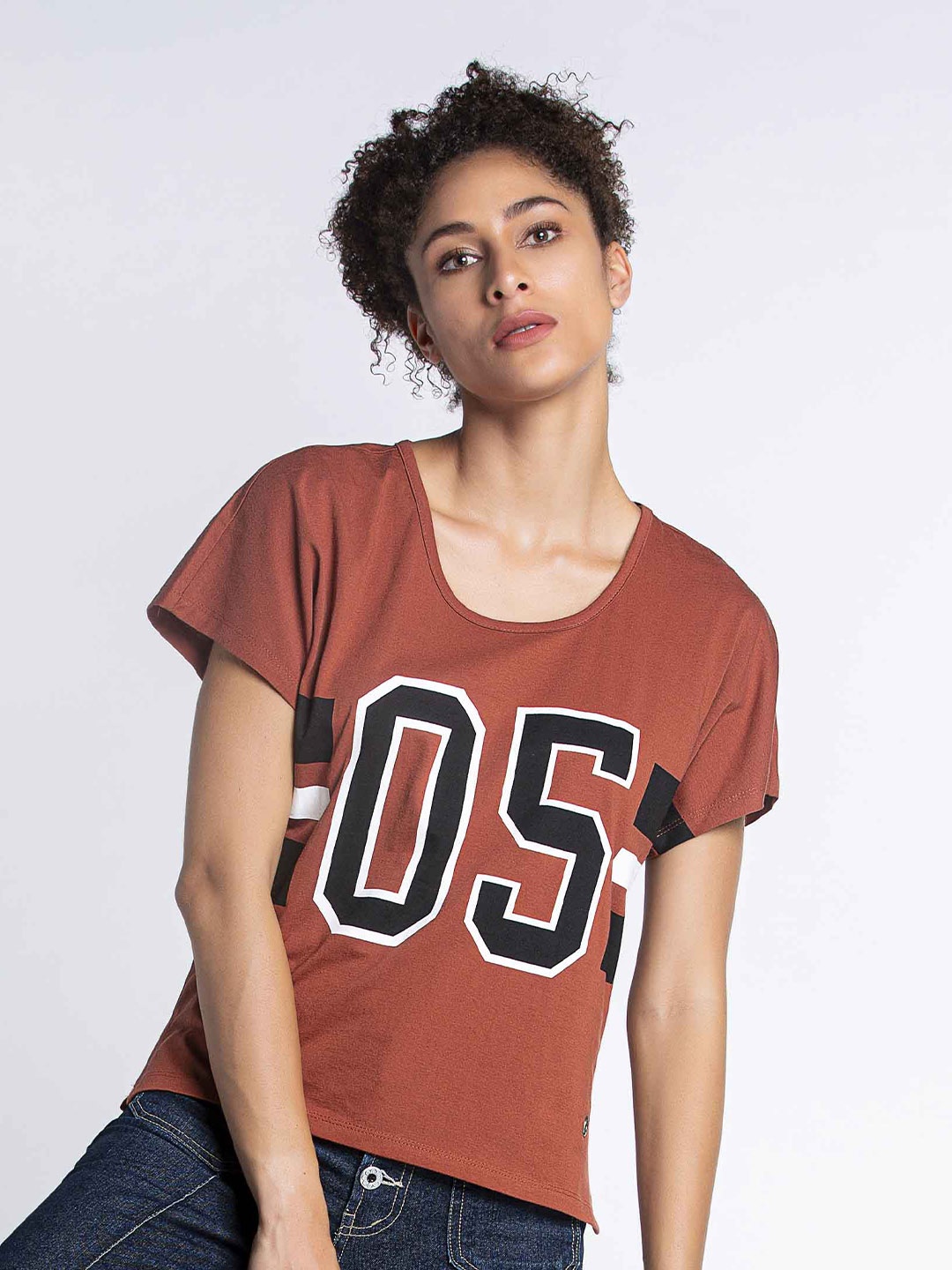 

MKOAL Typography Printed Round Neck Short Sleeves Cotton Top, Brown