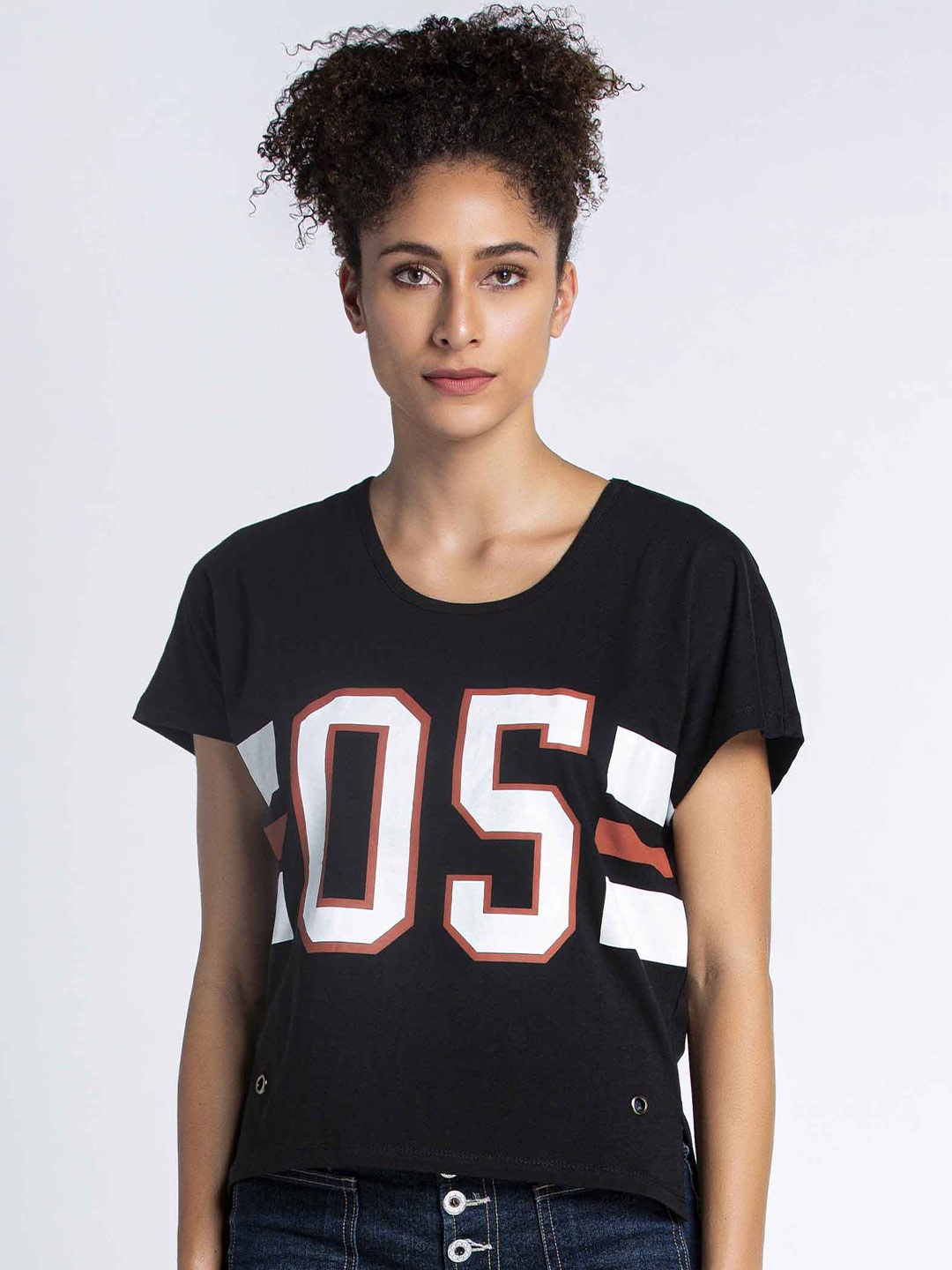 

MKOAL Typography Printed Round Neck Short Sleeves Cotton Top, Black