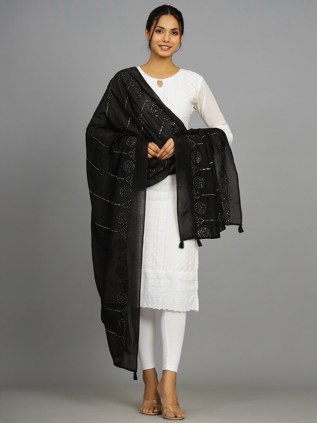 

HANDICRAFT PALACE Embroidered Sequinned Dupatta, Black