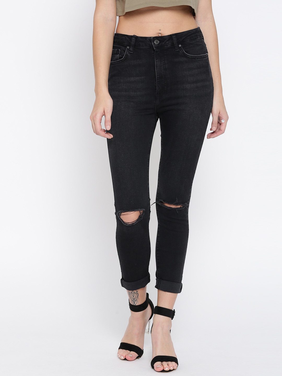 

FOREVER 21 Women Black Skinny Fit High-Rise Slash Knee Stretchable Jeans