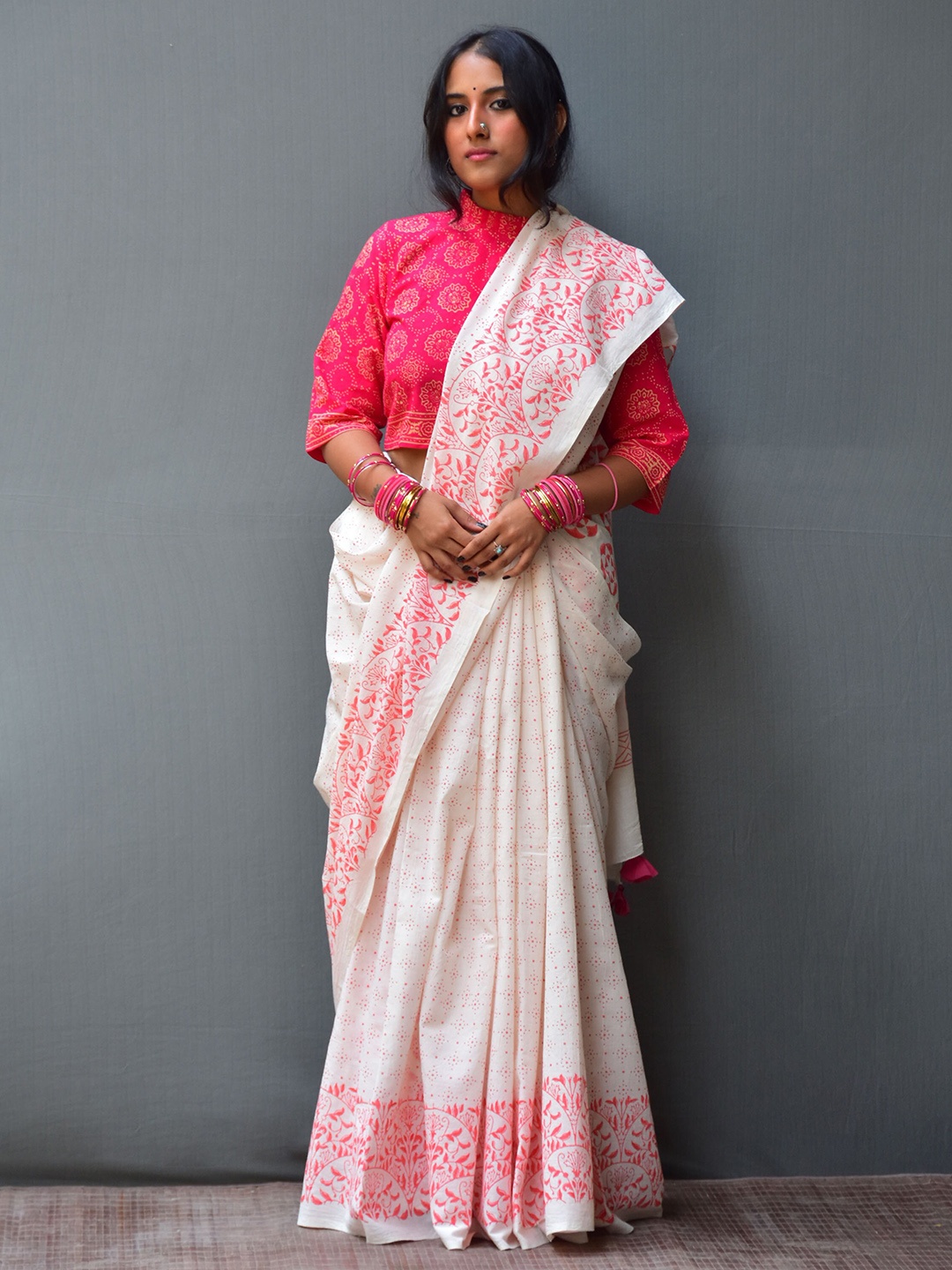 

Chidiyaa Ethnic Motifs Printed Pure Cotton Block Print Saree, White