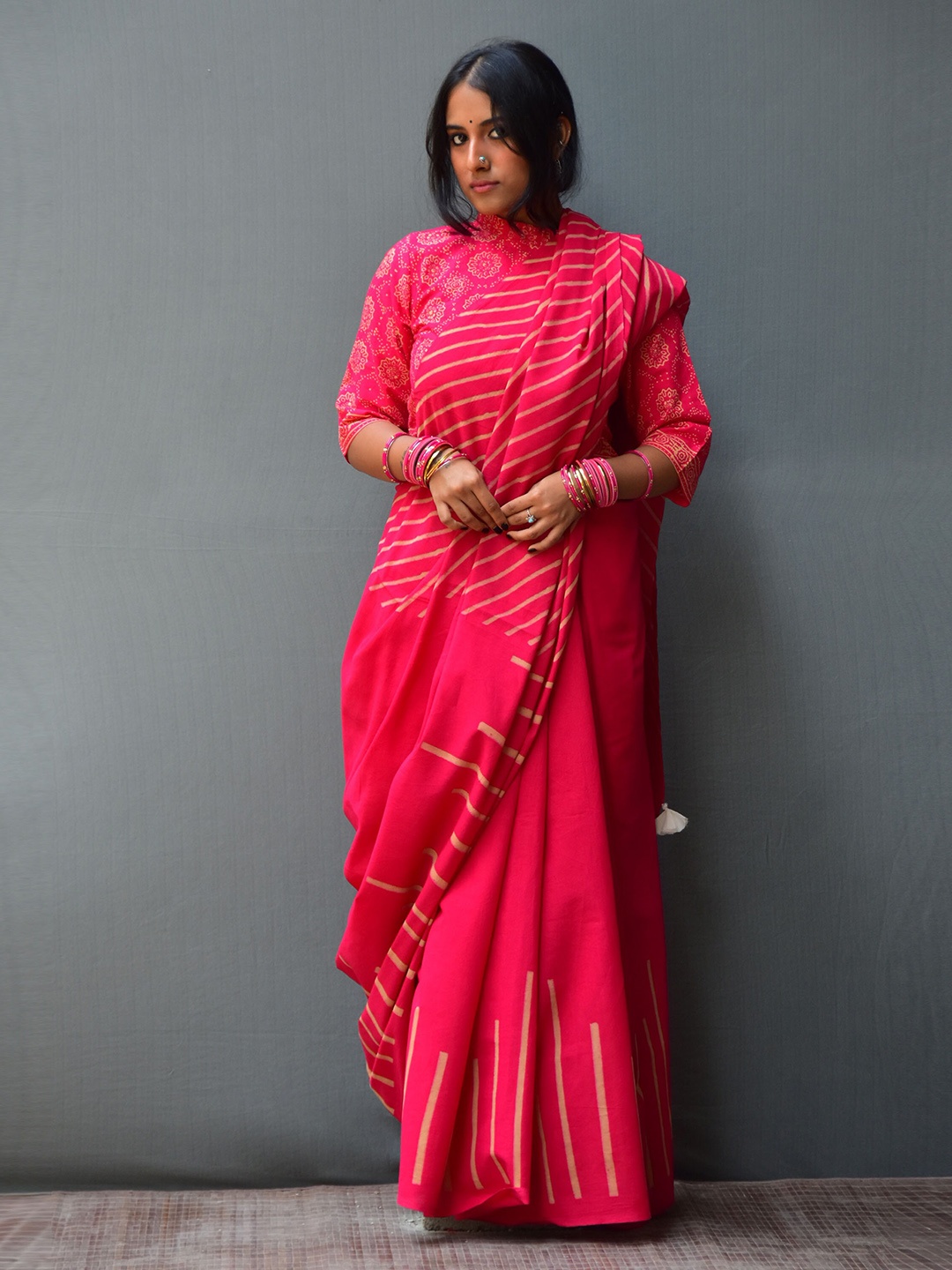 

Chidiyaa Pure Cotton Block Print Saree, Pink