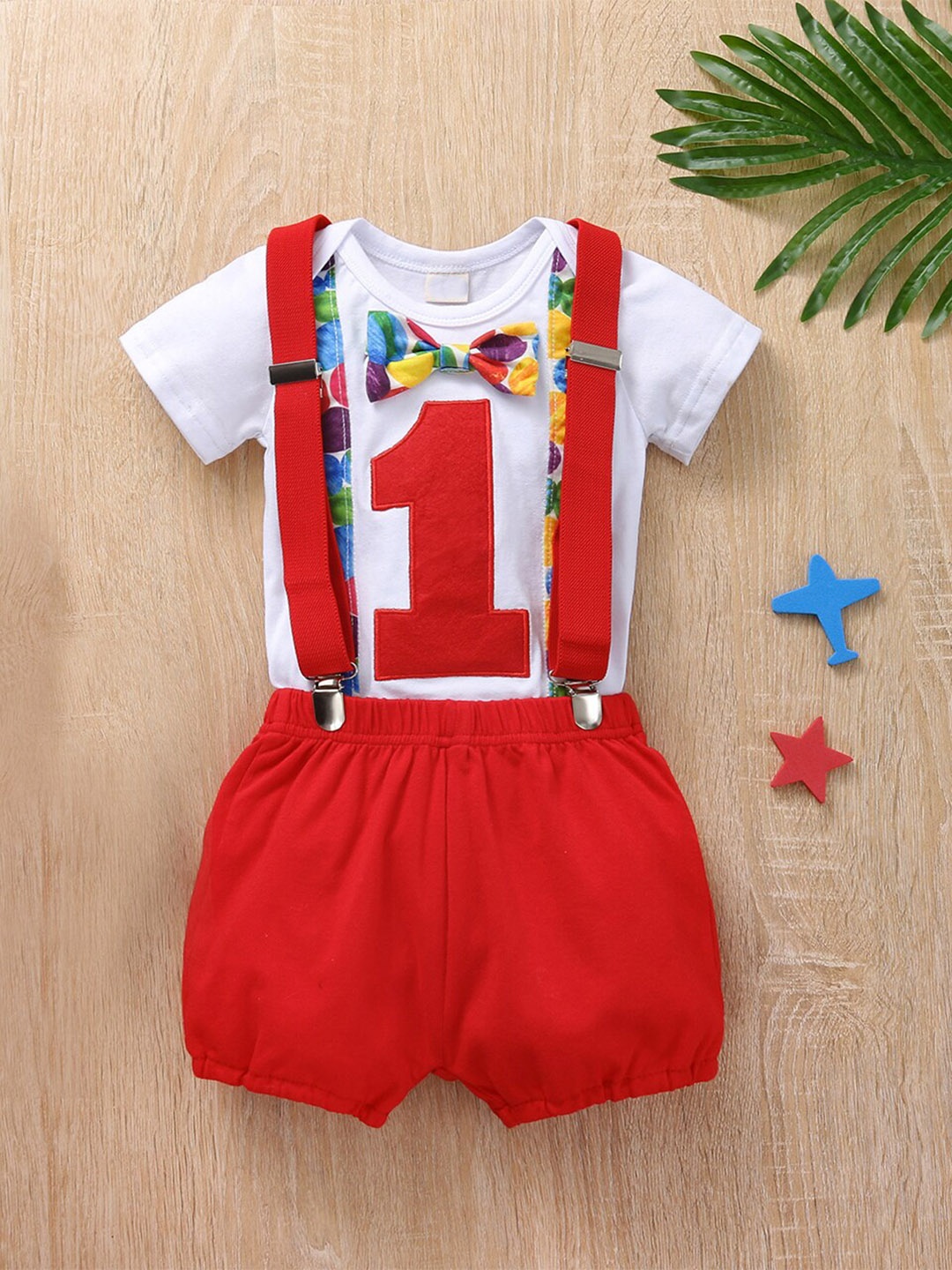 

Babymoon Infants Cotton Romper & Suspender Clothing Set, Red