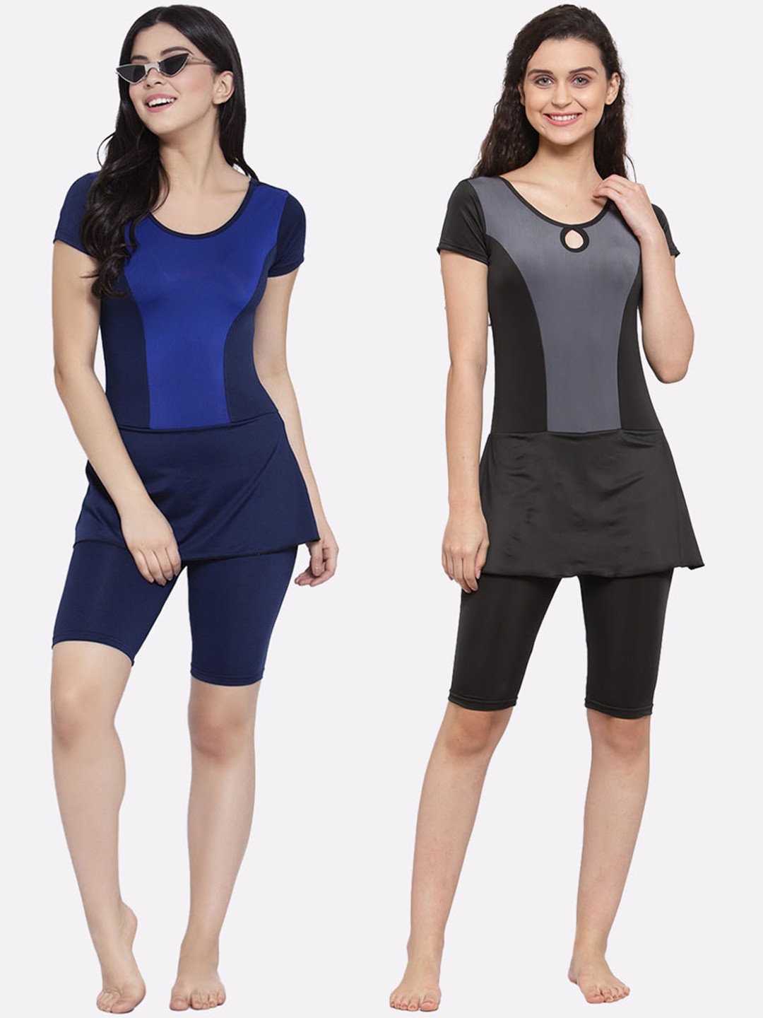 CUKOO Women Pack Of 2 Comfort-Fit Swimming Dress With Attached Shorts Swim Set, Navy blue