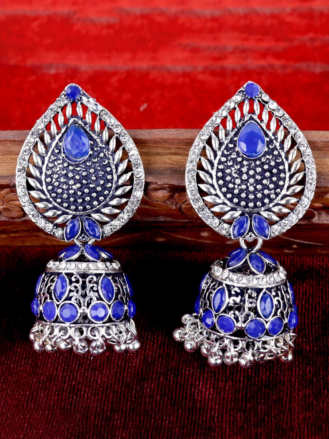 

Krelin Silver-Plated Stone-Studded Oxidised Dome Shaped Jhumkas Earrings, Blue