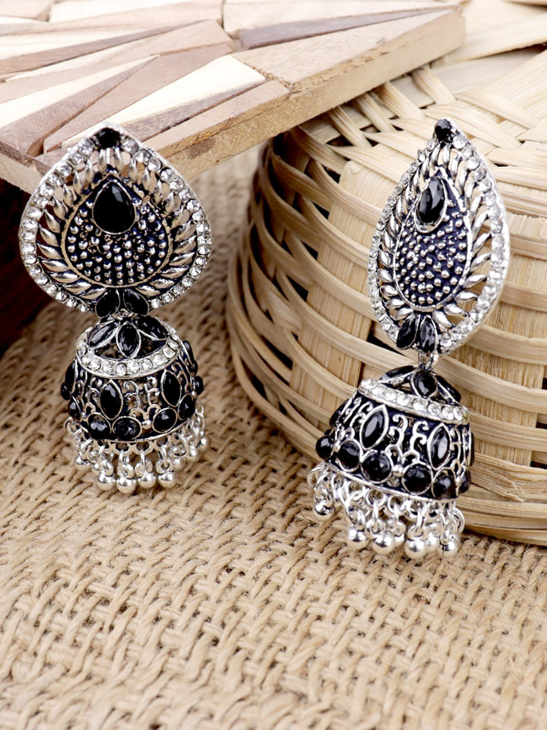 

Krelin Silver-Plated Dome Shaped Oxidized Jhumkas Earrings, Black