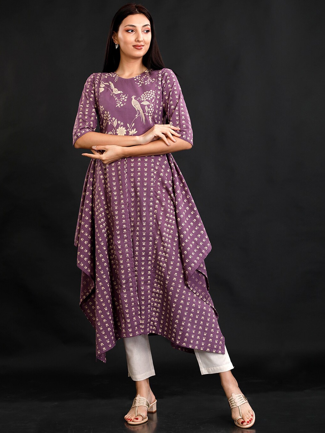 FABNEST Floral Printed Pure Cotton A-Line Kurta With Pyjamas, Purple