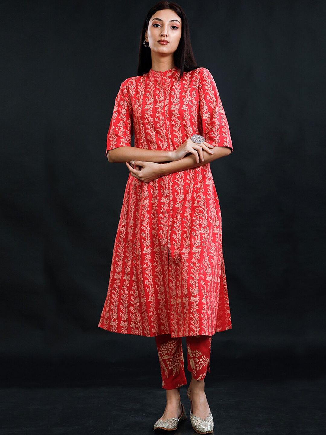 FABNEST Ethnic Motifs Printed Pure Cotton Kurta with Pyjamas, Red