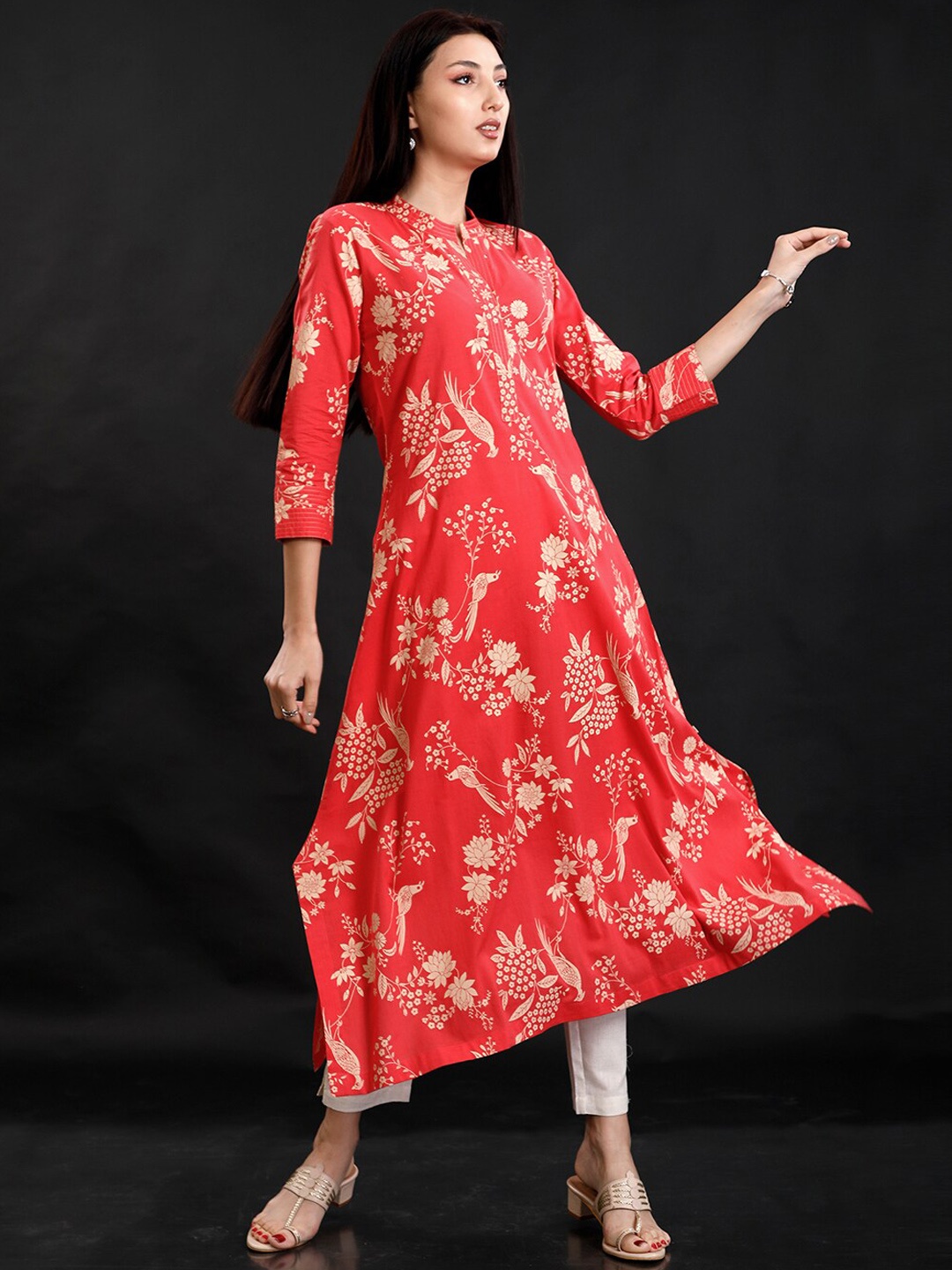 

FABNEST Floral Printed Mandarin Collar Pure Cotton Kurta with Pyjamas, Red