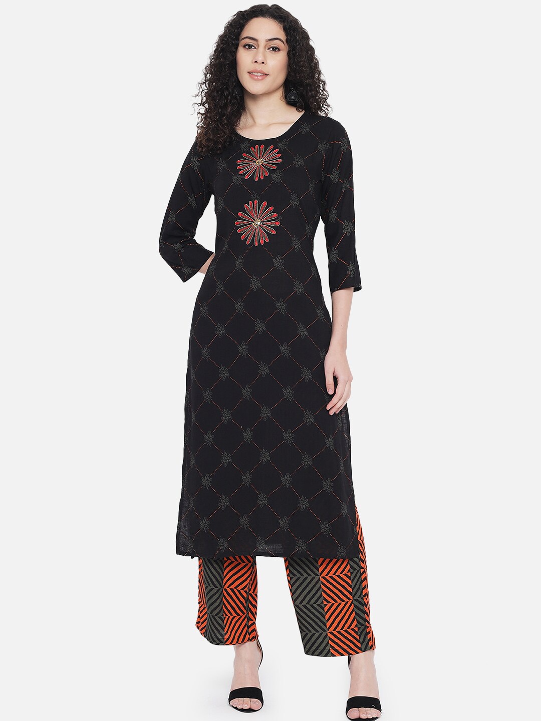 

Nehamta Ethnic Motif Printed Thread Work Kurta With Palazzos, Black