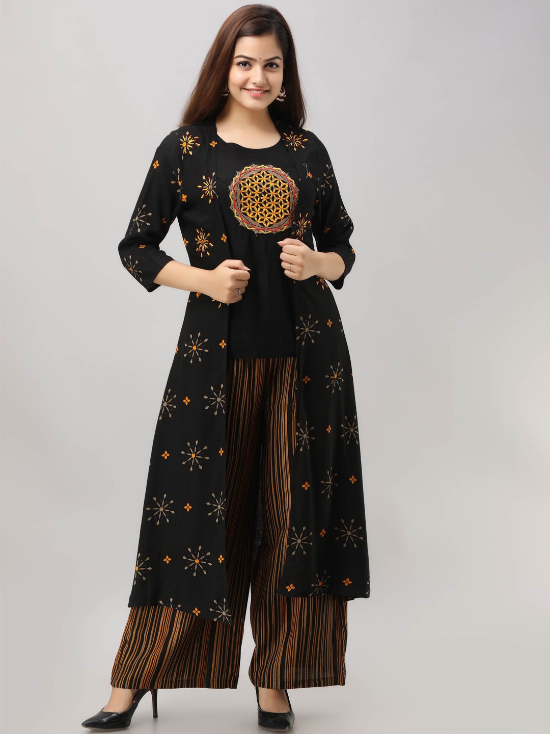 Nehamta Ethnic Motifs Printed Thread Work Top with Palazzos & Jacket, Black