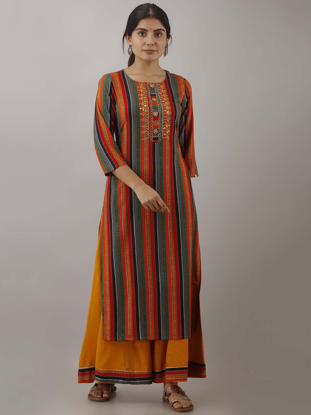 

Nehamta Chevron Printed Gotta Patti Straight Kurta with Palazzos, Orange