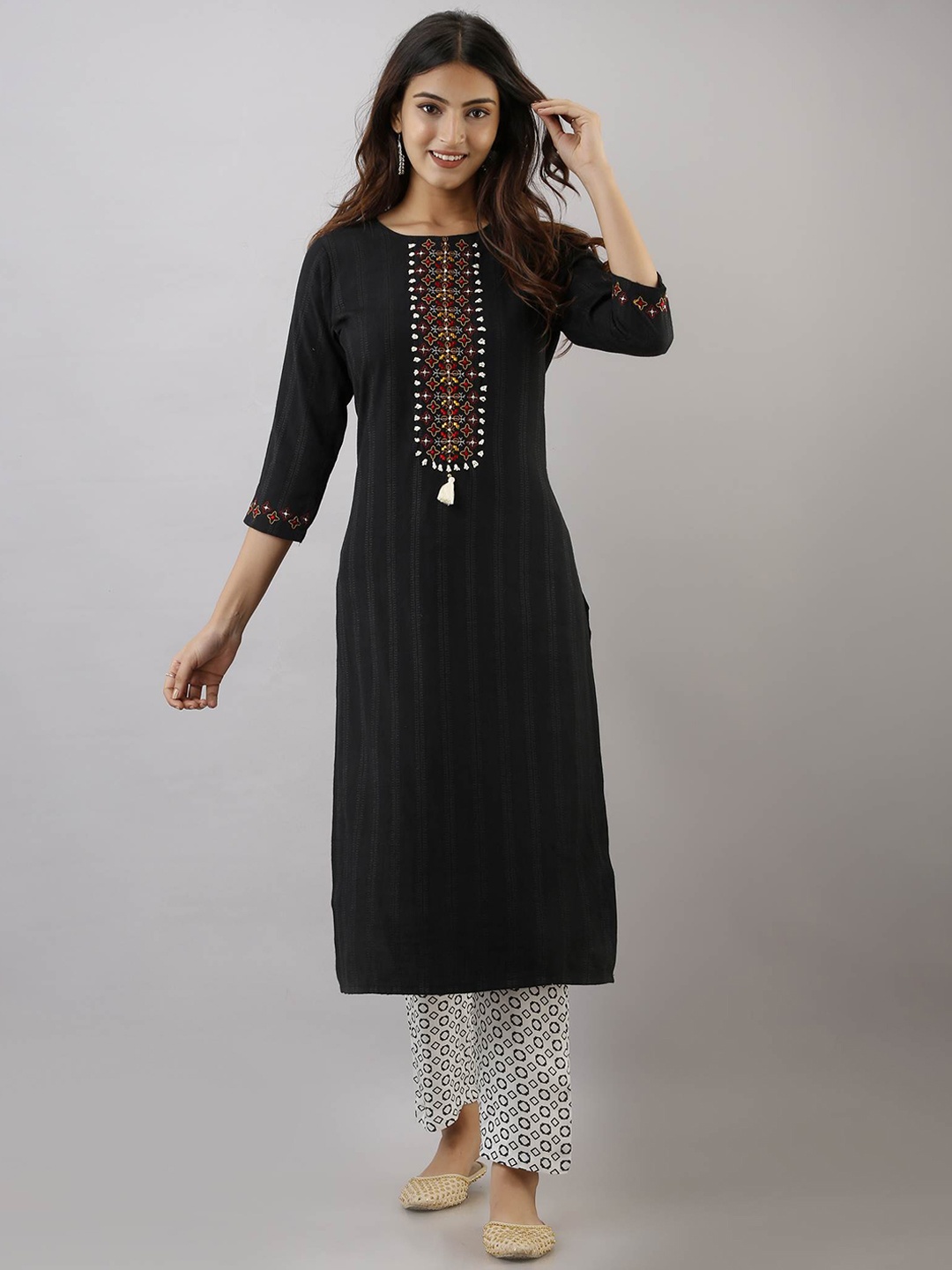 Nehamta Striped Kantha Work Kurta With Trousers, Black