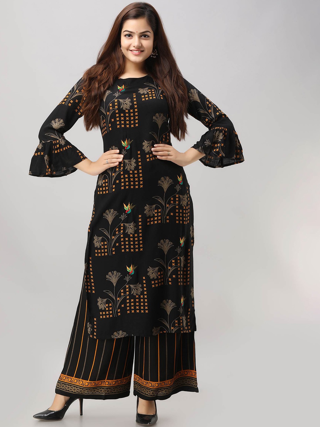 

Nehamta Bell Sleeves Floral Printed Thread Work Kurta with Palazzos, Black