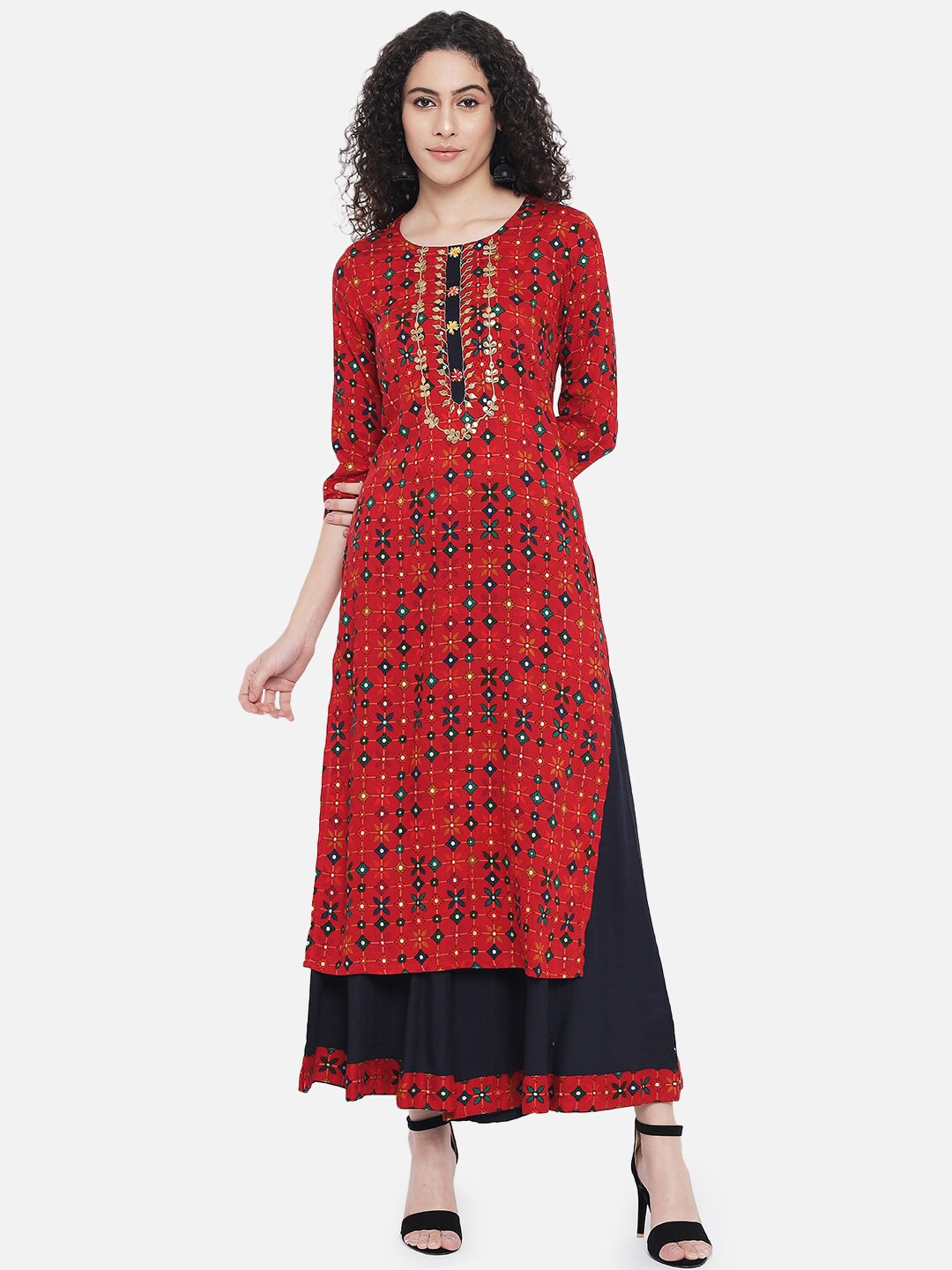 

Nehamta Ethnic Motifs Printed Gotta Patti Kurta with Palazzos, Red