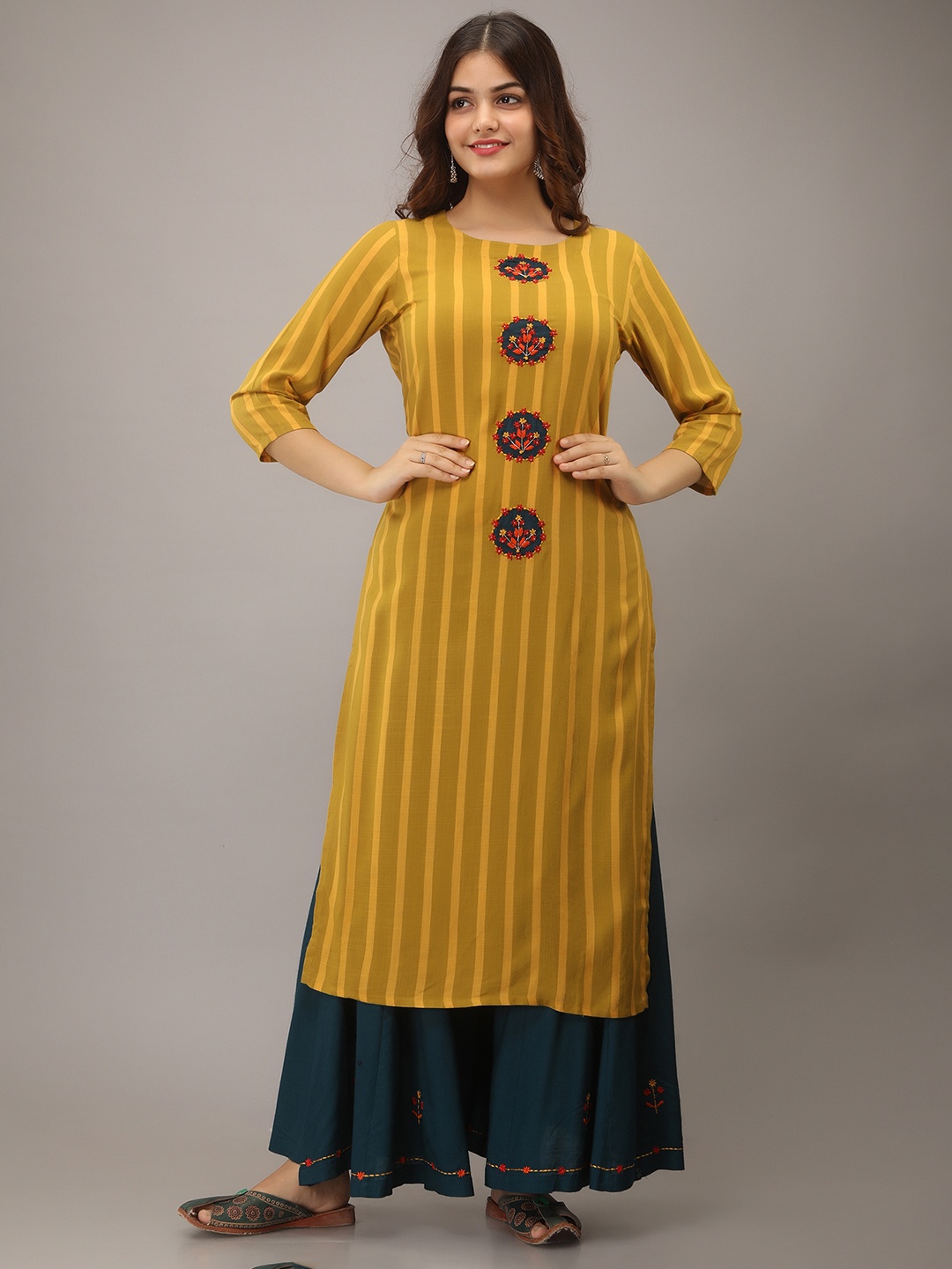 

Nehamta Striped Kantha Work Straight Kurta with Palazzos, Mustard