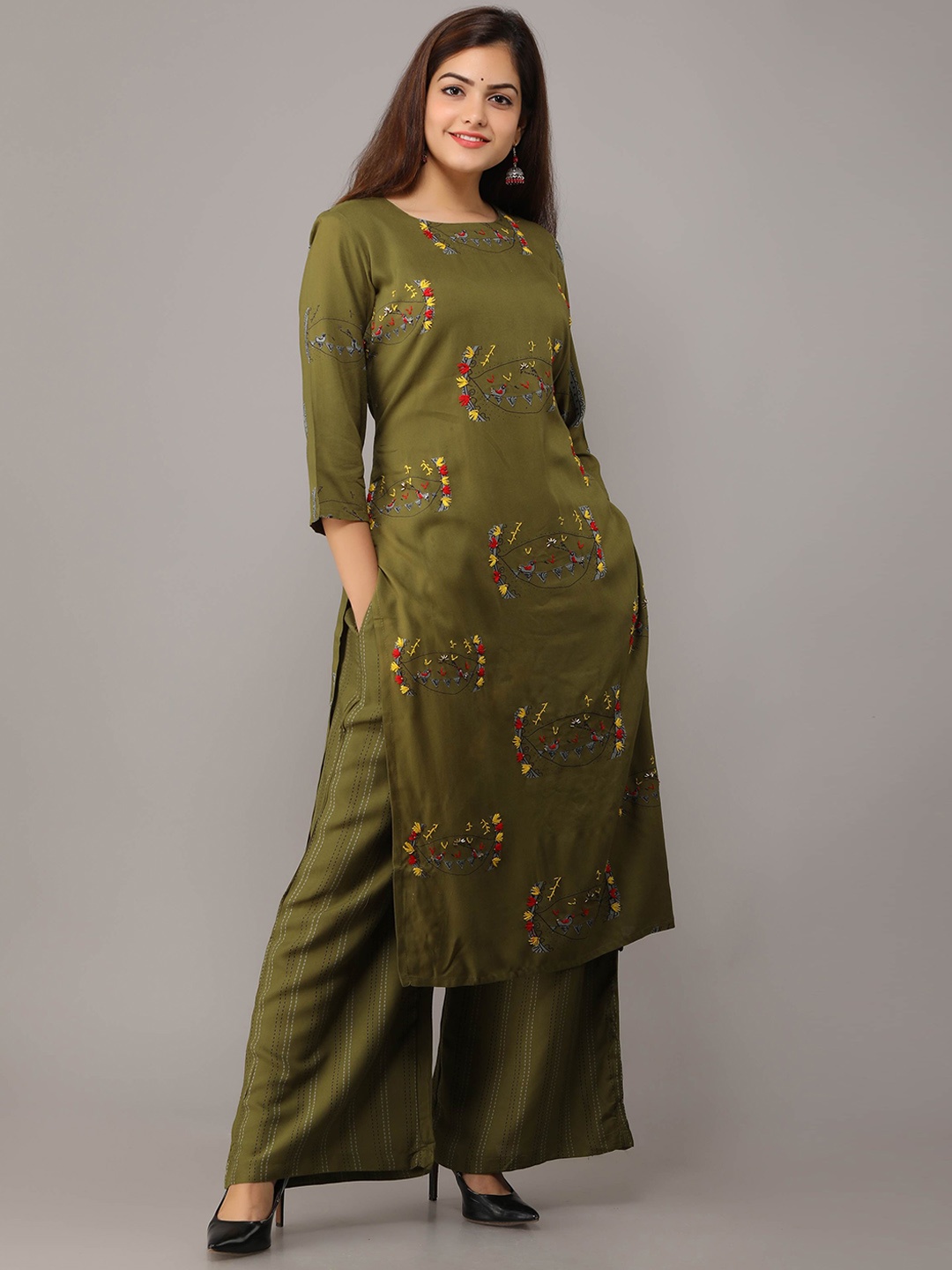 

Nehamta Ethnic Motifs Printed Thread Work Straight Kurta With Palazzos, Olive