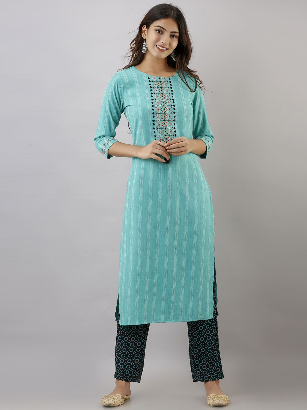 

Nehamta Woven Design Thread Work Straight Kurta With Trousers, Turquoise blue