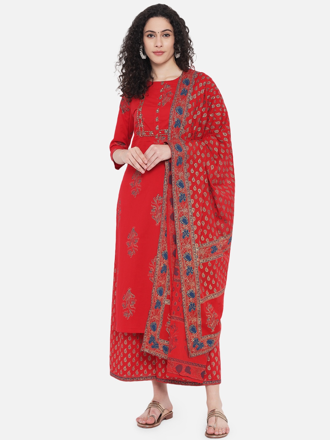 

Nehamta Floral Printed Sequinned Foil Pure Cotton Kurta with Palazzos & Dupatta, Red