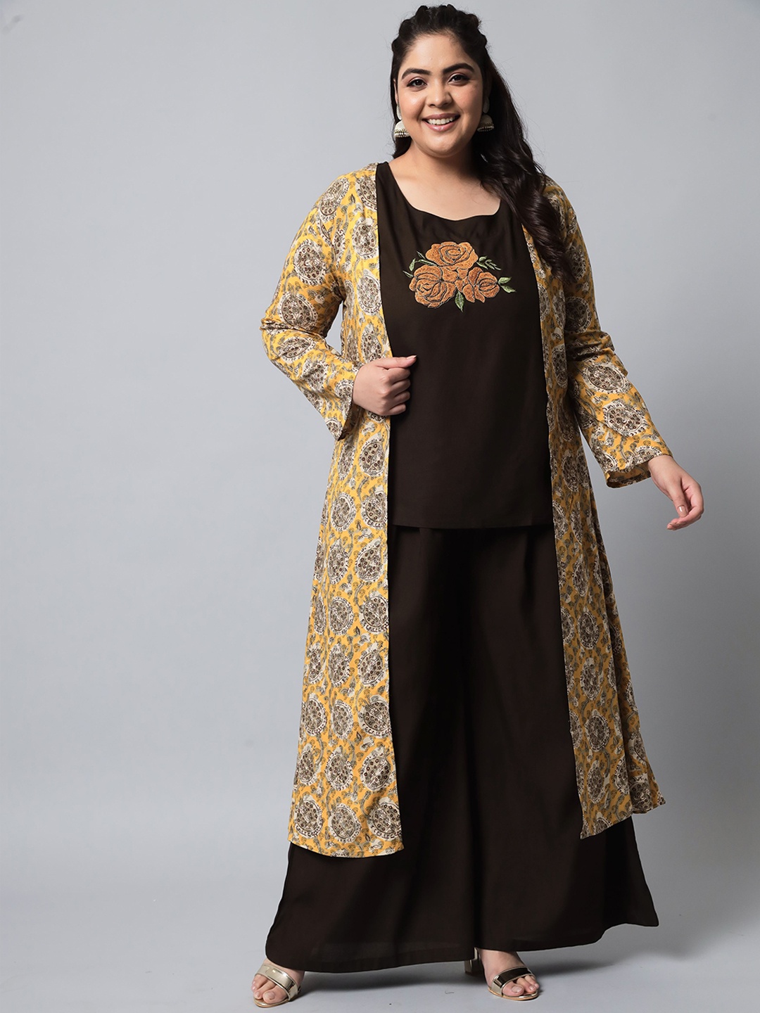 Nehamta Plus Size Floral Embroidered Thread Work Kurti with Palazzos & Jacket, Mustard
