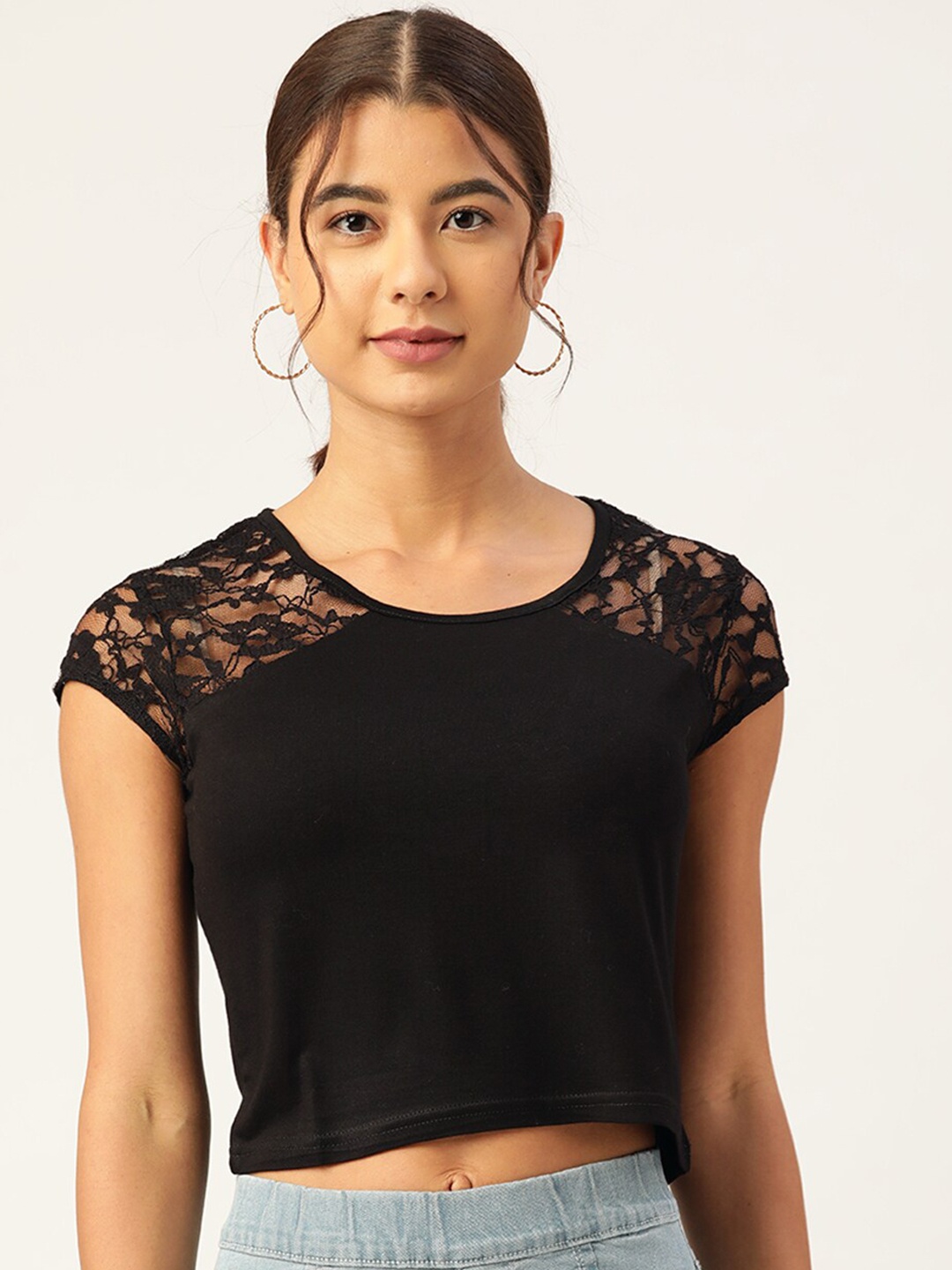 

urSense Round Neck Lace Inserts Crop Top, Black