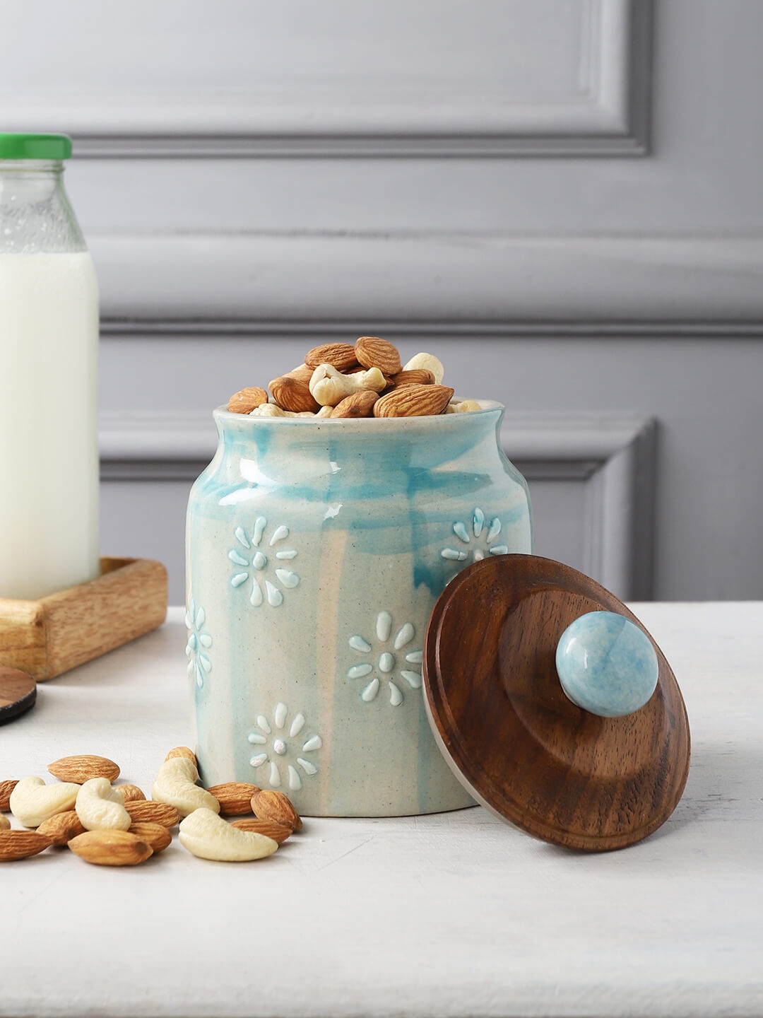 

MIAH Decor Teal-Blue & Brown Floral design Ceramic Canister With Wooden Lid