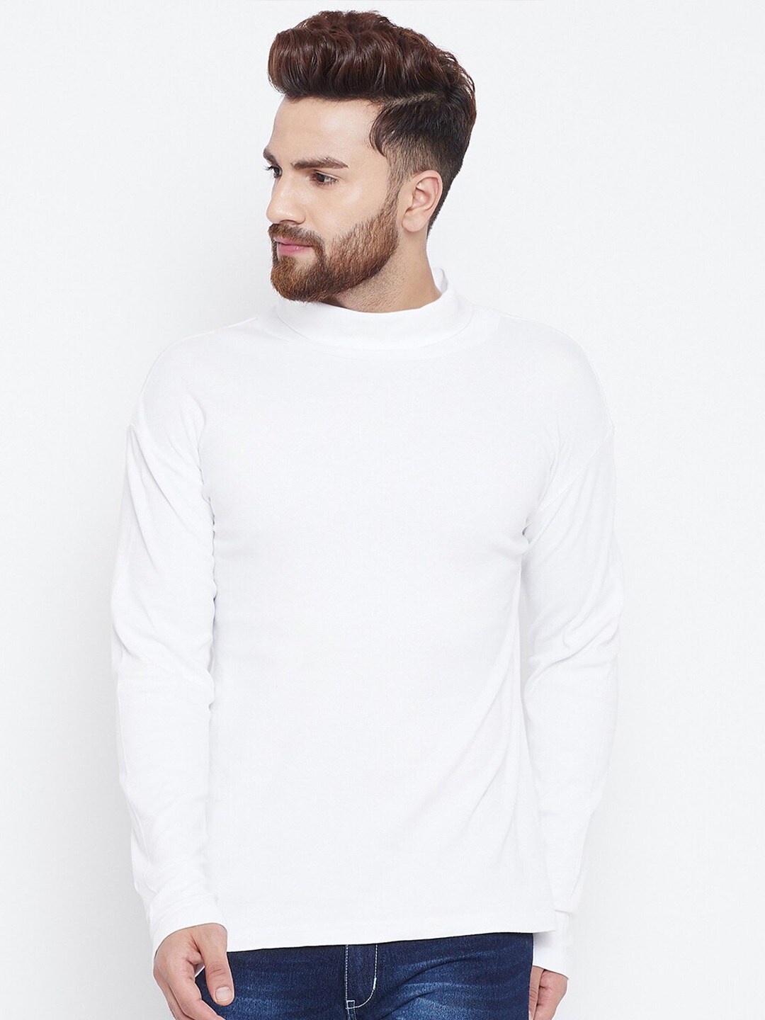 Hypernation High Neck Long Sleeves Slim Fit Pure Cotton T-shirt, White