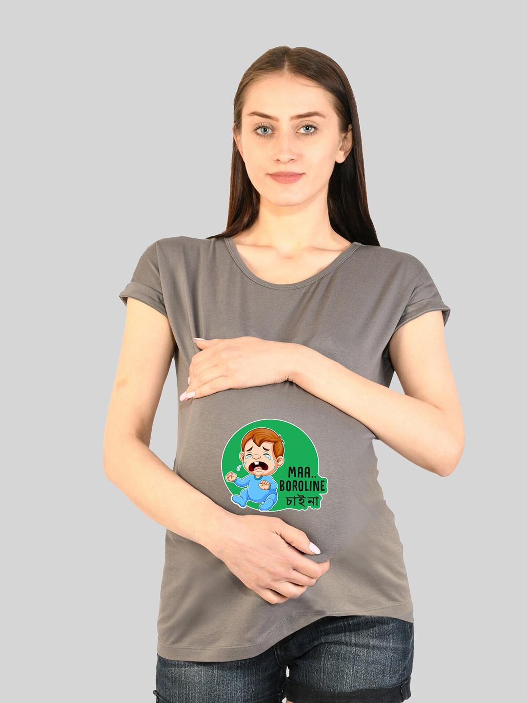 

SillyBoom Graphic Printed Extended Sleeves Cotton Maternity T-shirt, Grey