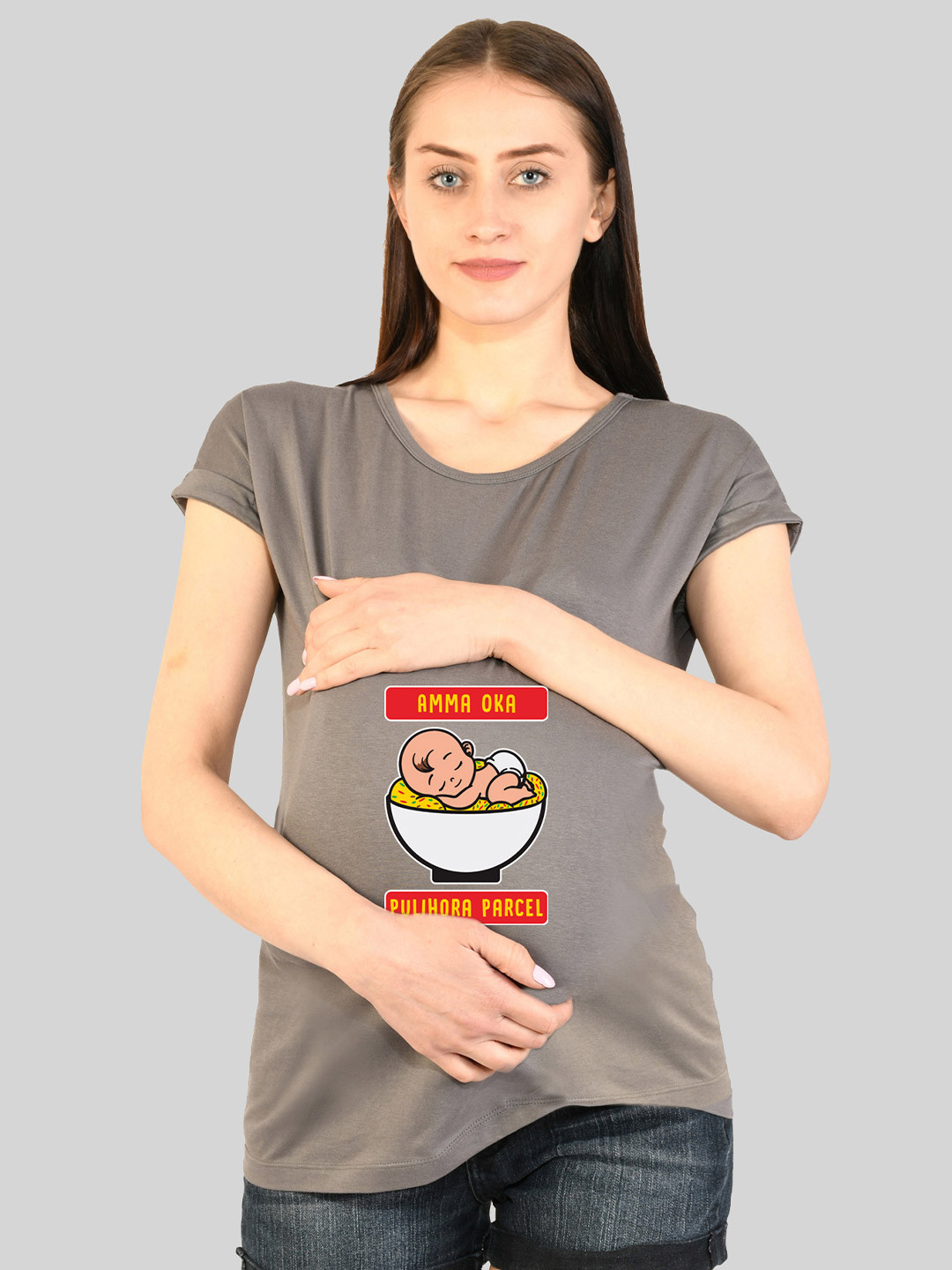 

SillyBoom Women Grey Printed Drop-Shoulder Sleeves T-shirt