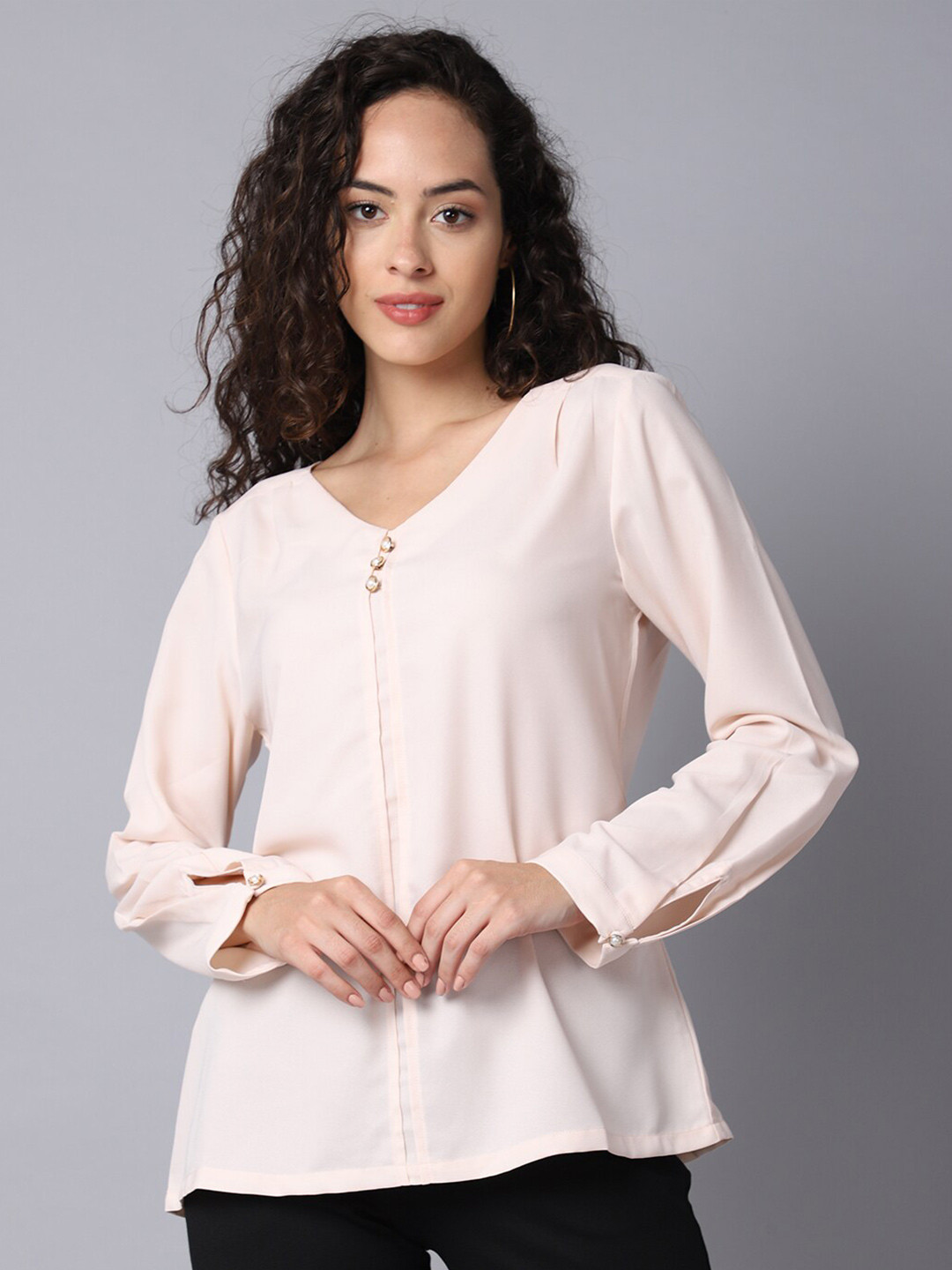 

Cantabil V-Neck Cuffed Sleeves Regular Top, Pink