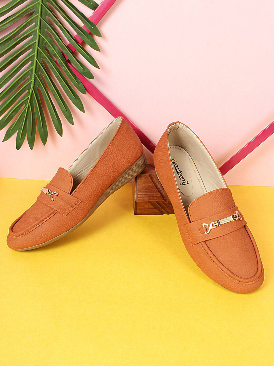 

DressBerry Women Textured Embellished Air Max Horsebit Loafers, Orange