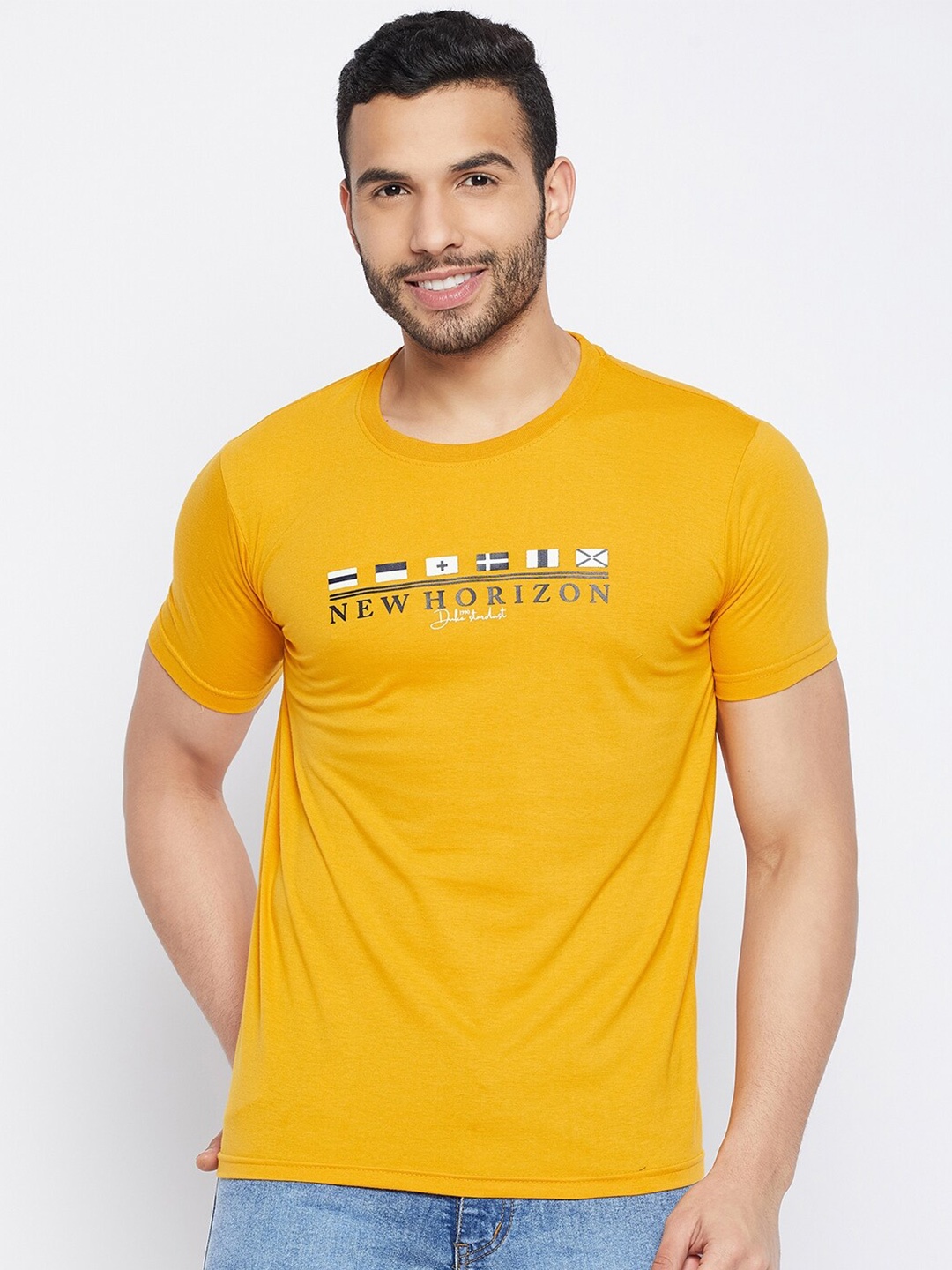 

Duke Typography Printed Round Neck Cotton T-shirt, Mustard