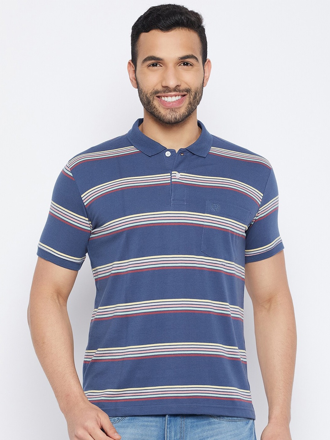 Duke Striped Polo Collar Cotton T-shirt, Blue