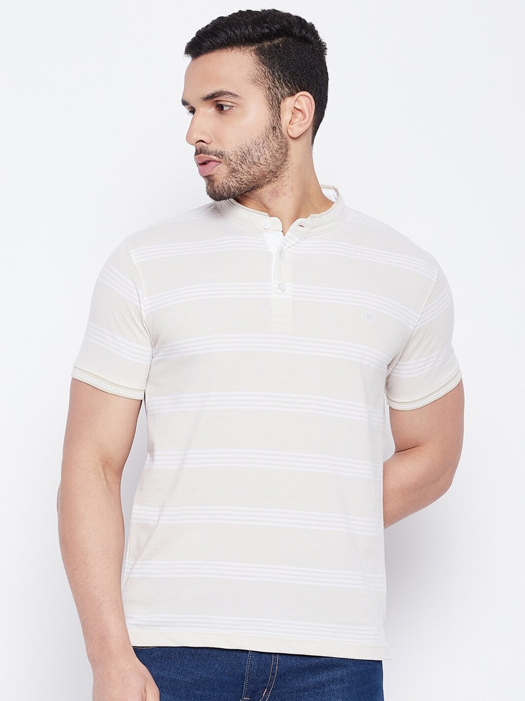 

Duke Striped Mandarin Collar Slim Fit T-shirt, Beige